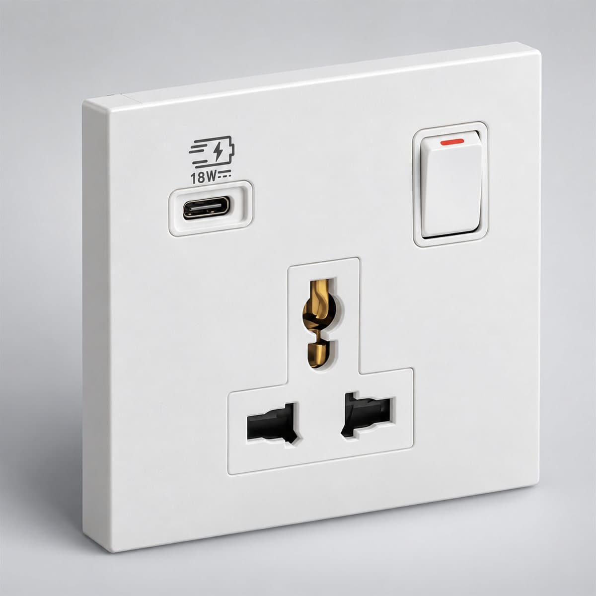 Ổ cắm đa năng có công tắc và ổ sạc USB Type C Obria Legrand chụp góc nghiêng 3/4, thấy rõ mặt và cạnh bên