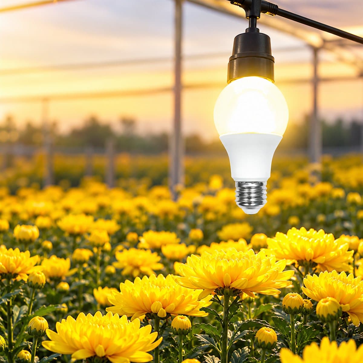 Bóng đèn LED bulb nông nghiệp hoa cúc Panasonic đã lắp đặt, đang chiếu sáng