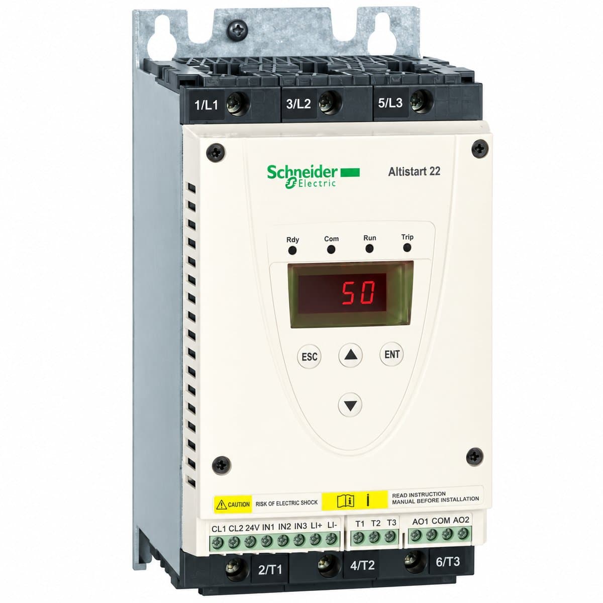 Khởi động mềm Altistart 22 Schneider trên nền trắng, ảnh sản phẩm chính diện