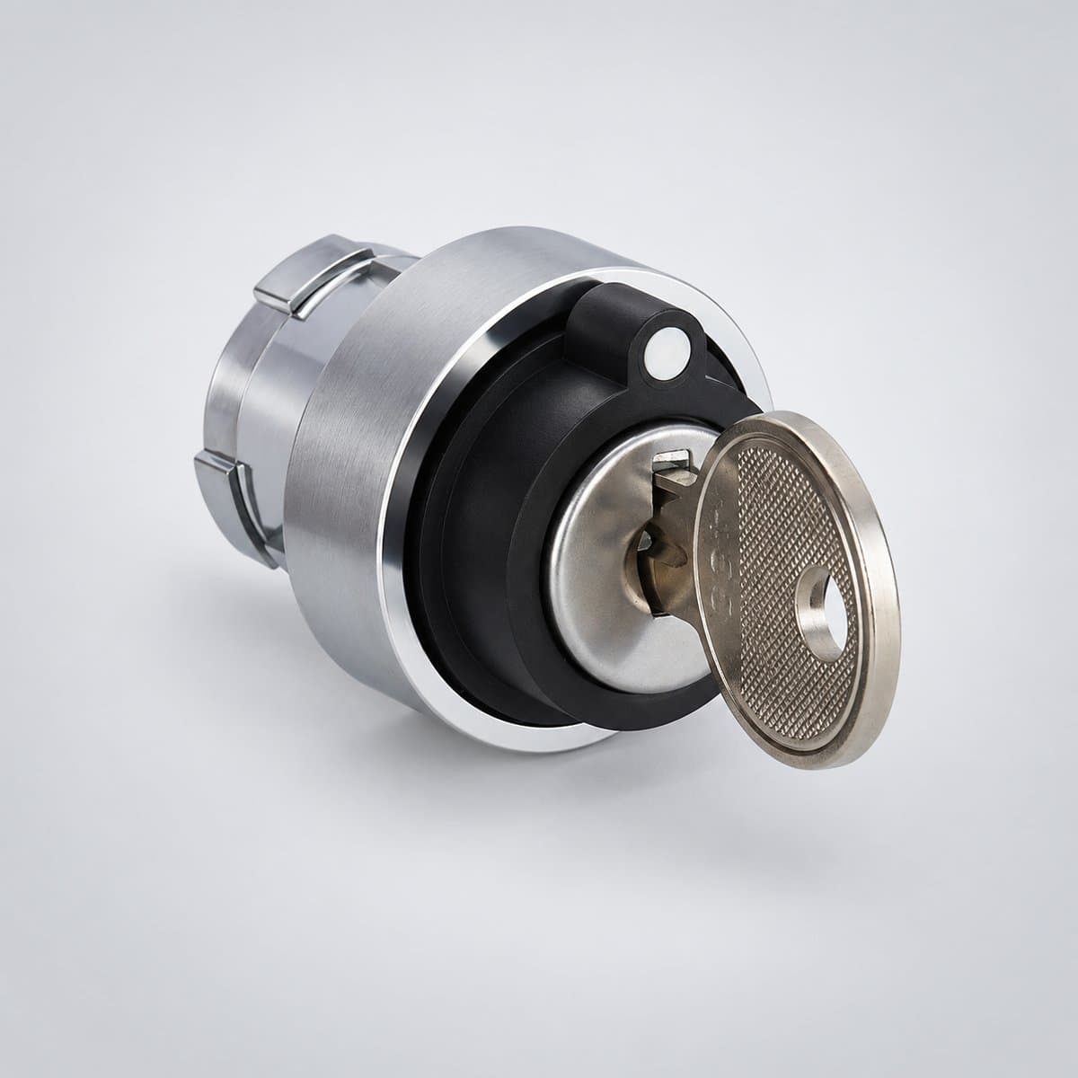 Đầu công tắc chìa khoá Easy Harmony XB2 Schneider chụp góc nghiêng 3/4, thấy rõ mặt và cạnh bên