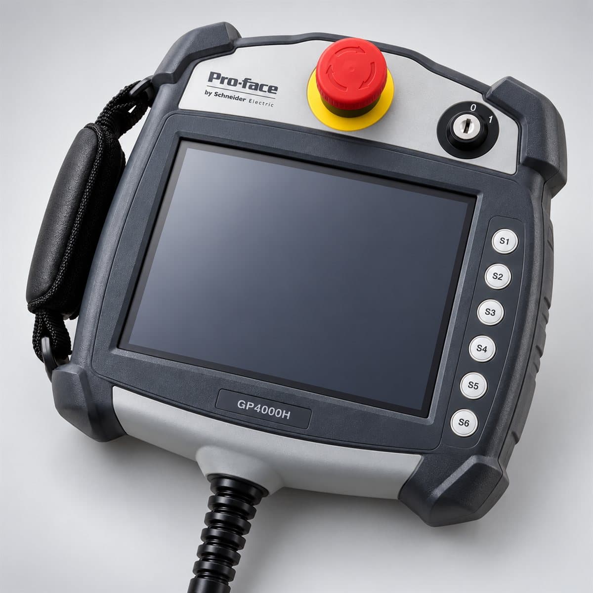 Màn hình HMI cầm tay Pro-face GP4000H Schneider chụp góc nghiêng 3/4, thấy rõ mặt và cạnh bên