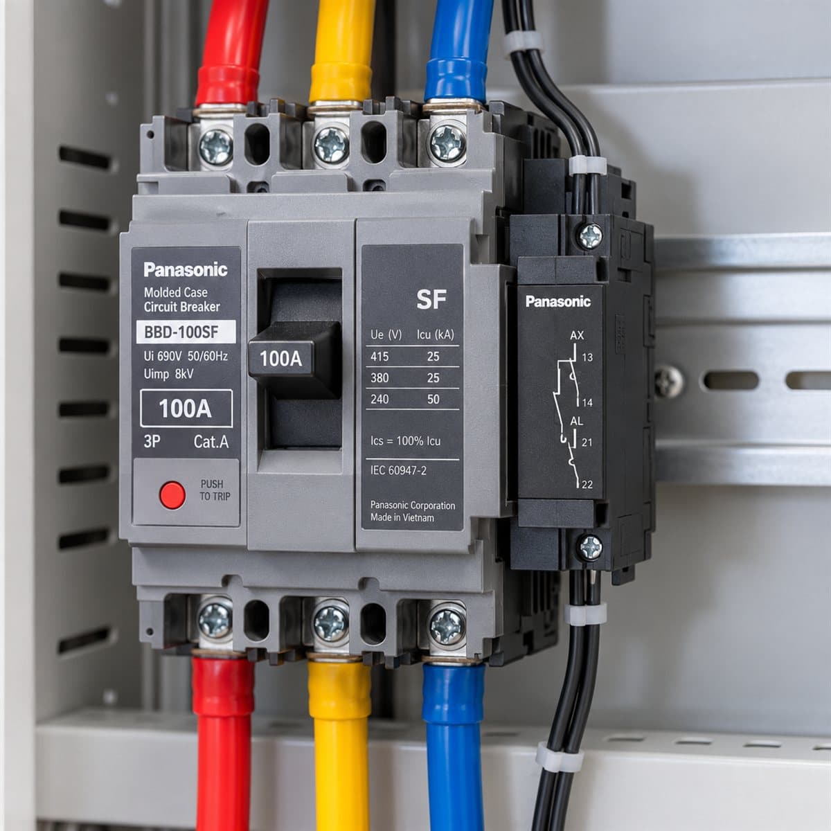Tiếp điểm phụ báo trạng thái, bên phải MCCB SF Panasonic đã lắp đặt trong nhà