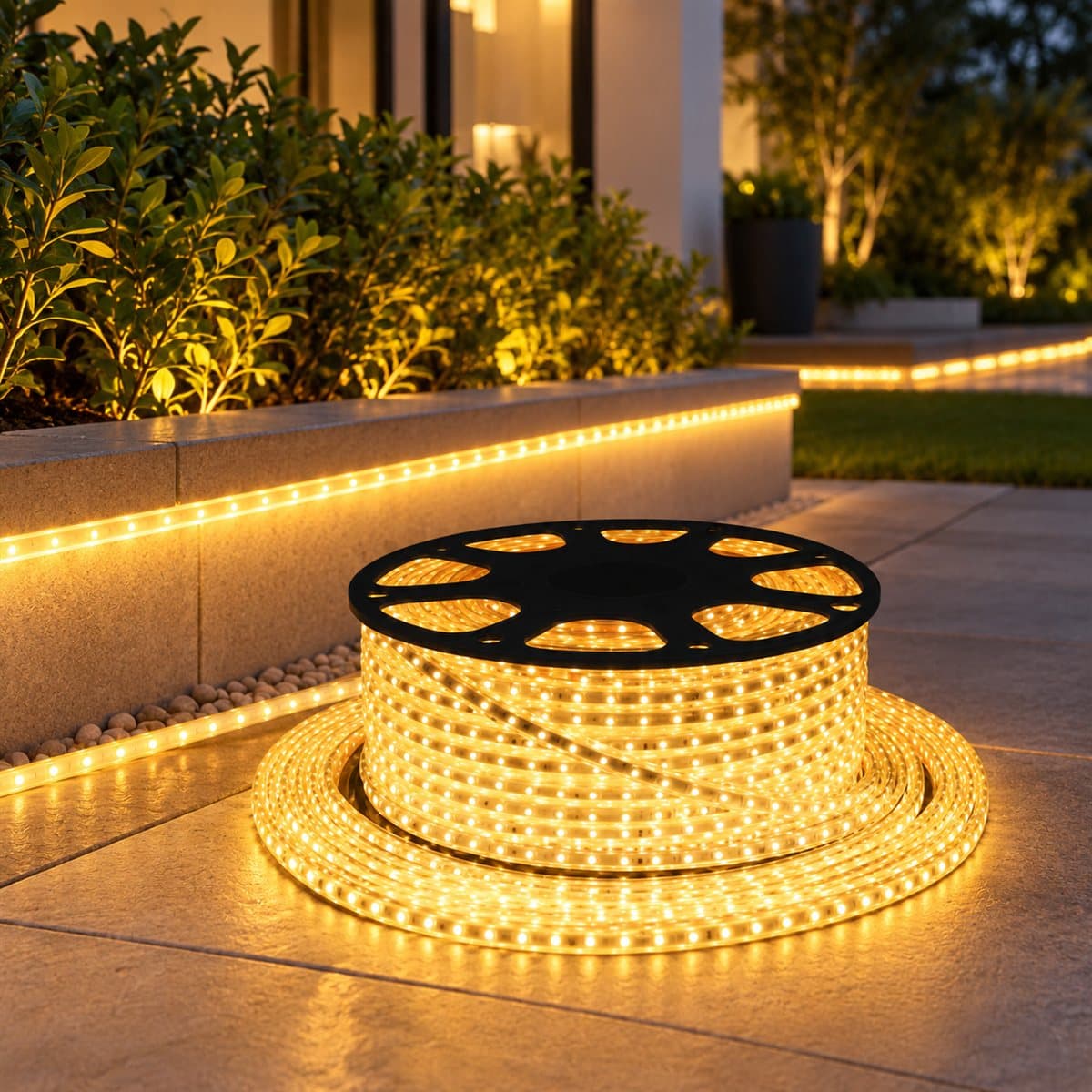 Đèn LED dây ngoài trời Eris Panasonic đã lắp đặt, đang chiếu sáng