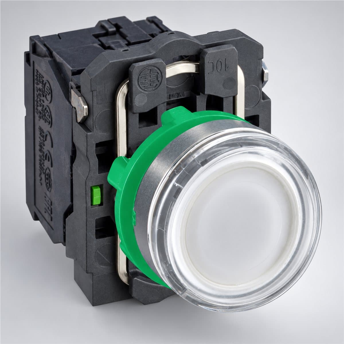 Nút nhấn đèn bóng BA9s trọn bộ Harmony XB5 Schneider chụp góc nghiêng 3/4, thấy rõ mặt và cạnh bên