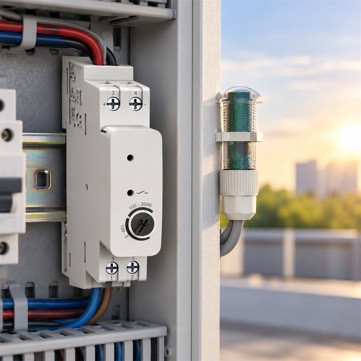 Cảm biến độ sáng gắn tủ điện Schneider đã lắp đặt trong nhà