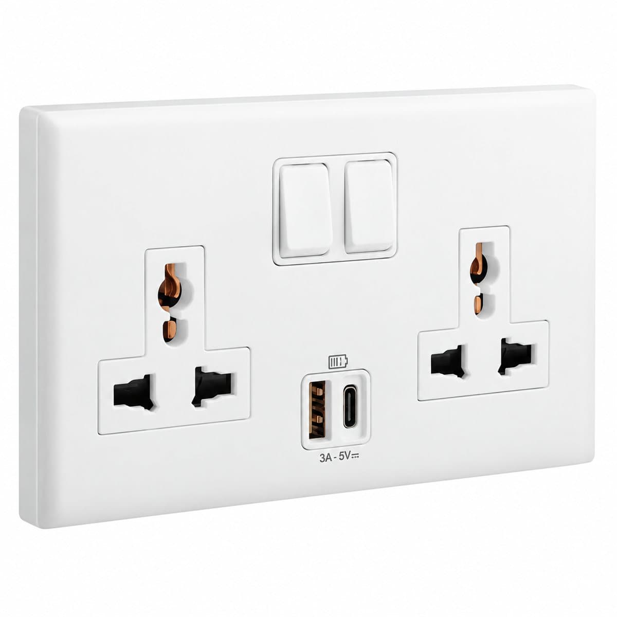 Ổ cắm đôi đa năng có công tắc Eloé USB Type A+C Legrand trên nền trắng, ảnh sản phẩm chính diện