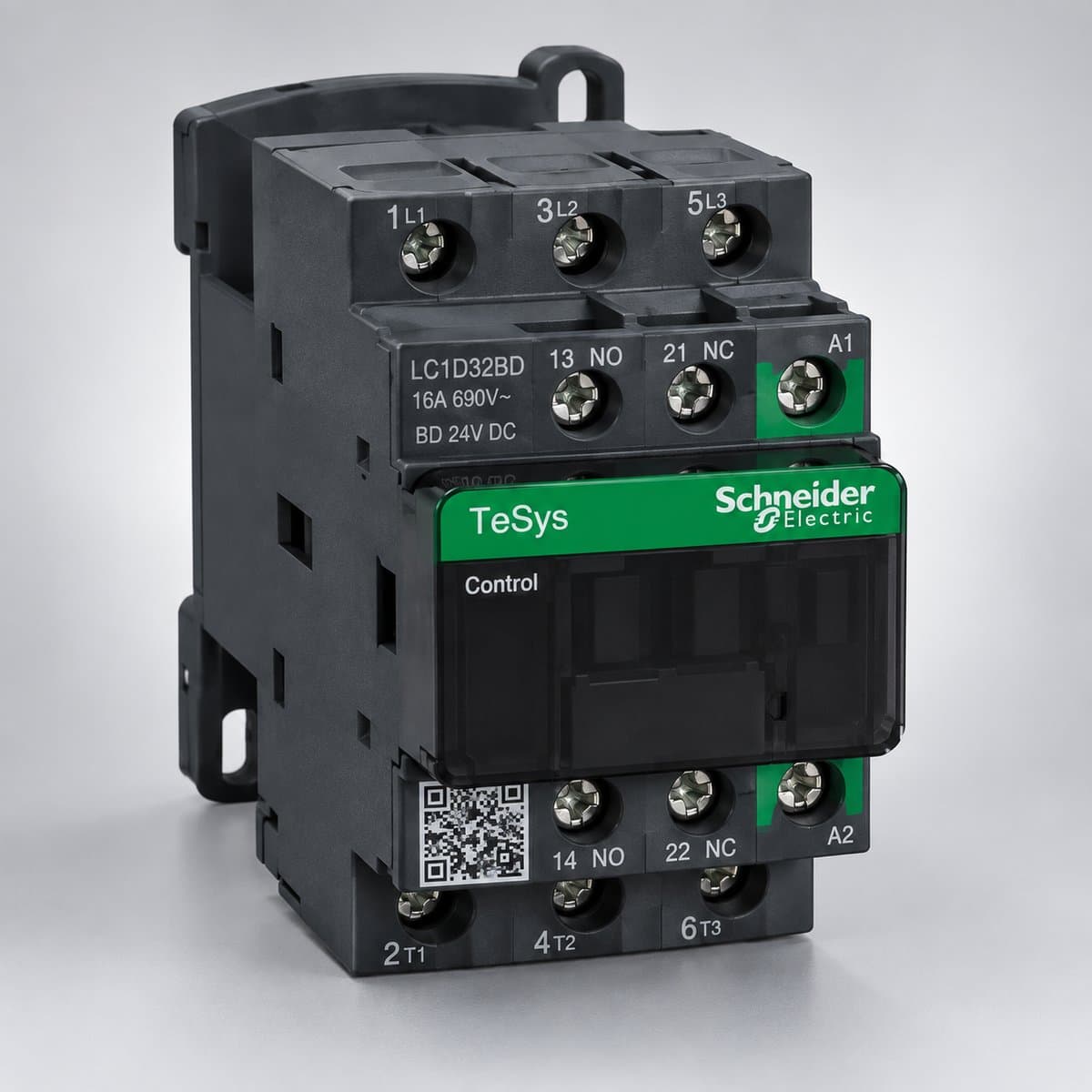 Khởi động từ TeSys Deca Schneider chụp góc nghiêng 3/4, thấy rõ mặt và cạnh bên