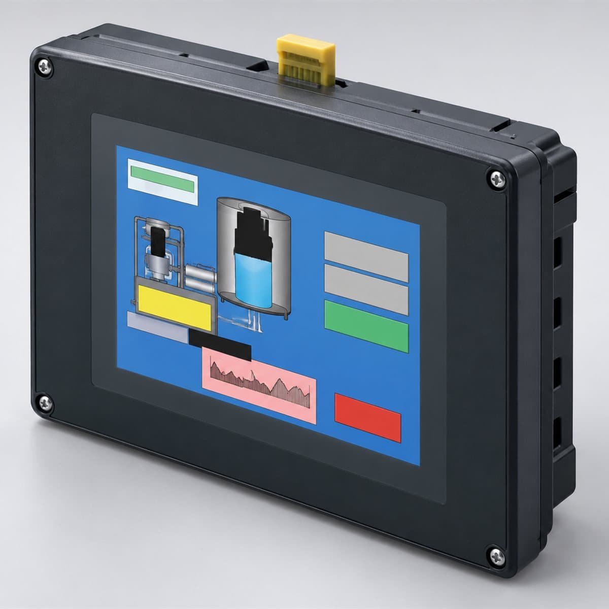 Màn hình HMI Harmony STU Schneider chụp góc nghiêng 3/4, thấy rõ mặt và cạnh bên