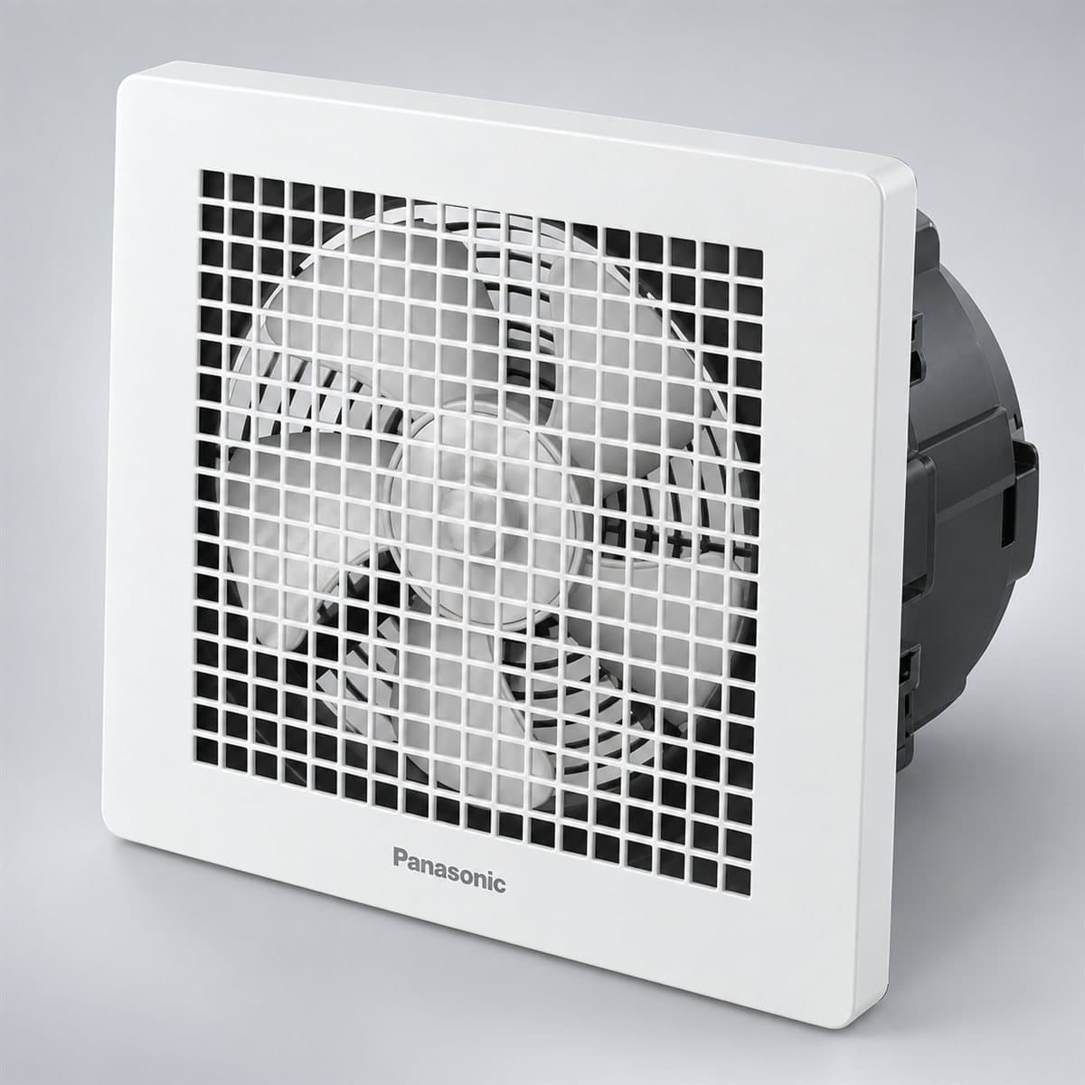 Quạt hút âm trần không dùng ống dẫn Panasonic chụp góc nghiêng 3/4, thấy rõ mặt và cạnh bên