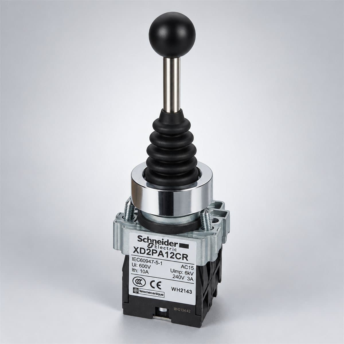 Tay điều khiển Joystick Easy Harmony XD2 Schneider chụp góc nghiêng 3/4, thấy rõ mặt và cạnh bên