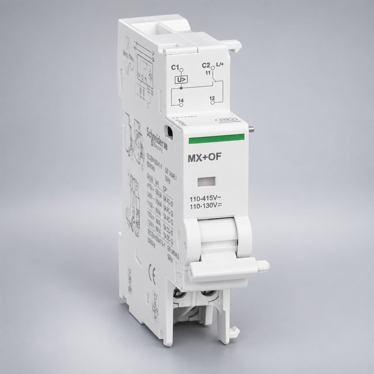 Cuộn shunt iMX+iOF cho Acti9 C60H-DC, C120 Schneider chụp góc nghiêng 3/4, thấy rõ mặt và cạnh bên