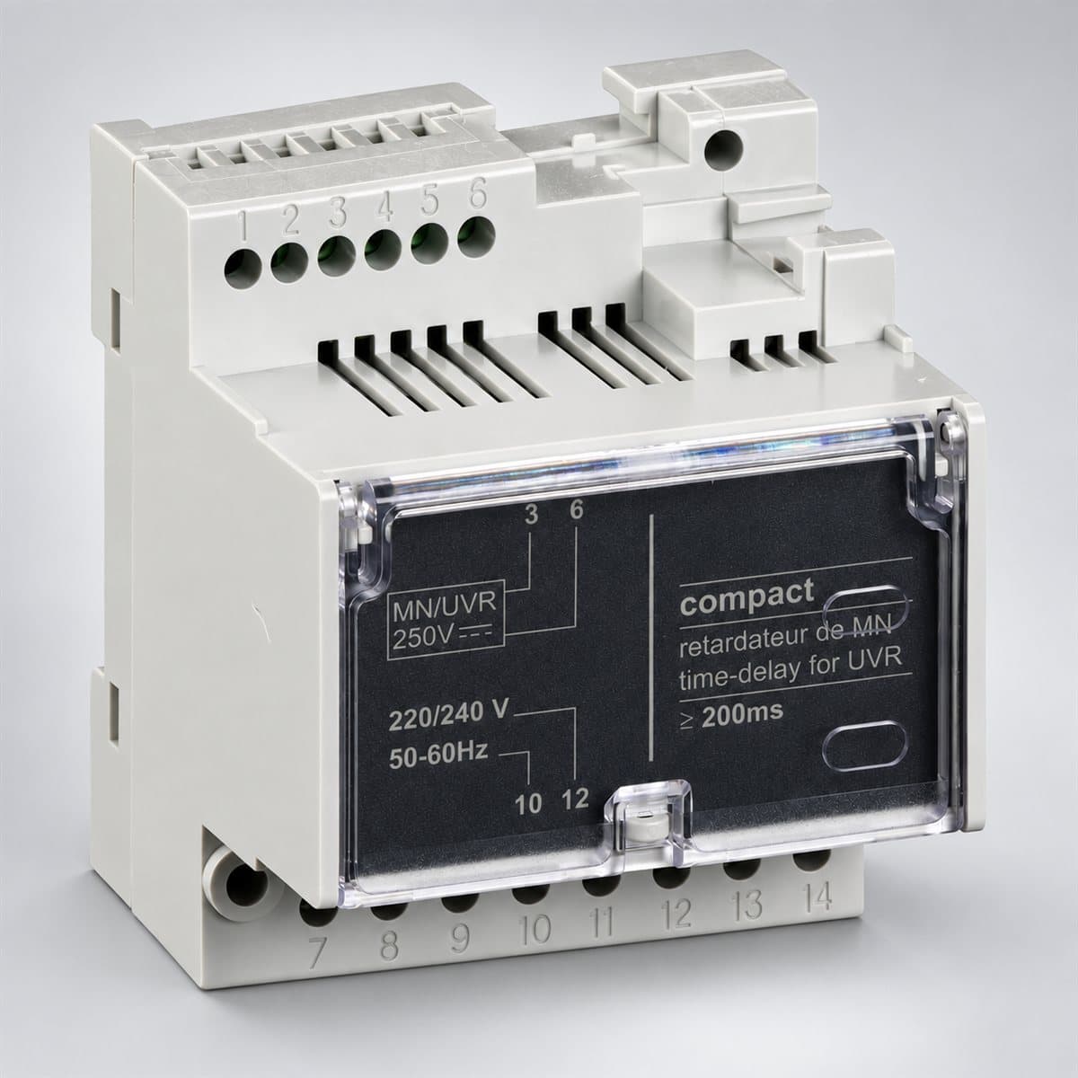 Cuộn bảo vệ thấp áp (MN) trễ thời gian cho MCCB ComPacT NSX Schneider chụp góc nghiêng 3/4, thấy rõ mặt và cạnh bên