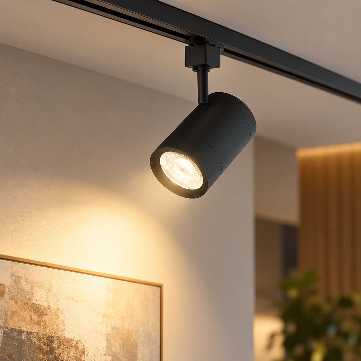 Đèn track light T2 Eira và phụ kiện Panasonic đã lắp đặt, đang chiếu sáng