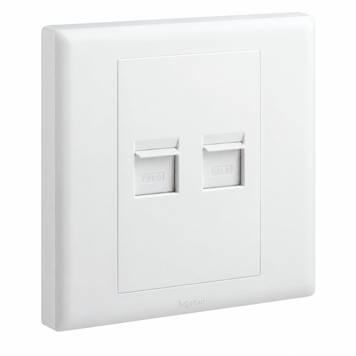 Ổ cắm mạng cat6 đôi Eloé Legrand trên nền trắng, ảnh sản phẩm chính diện