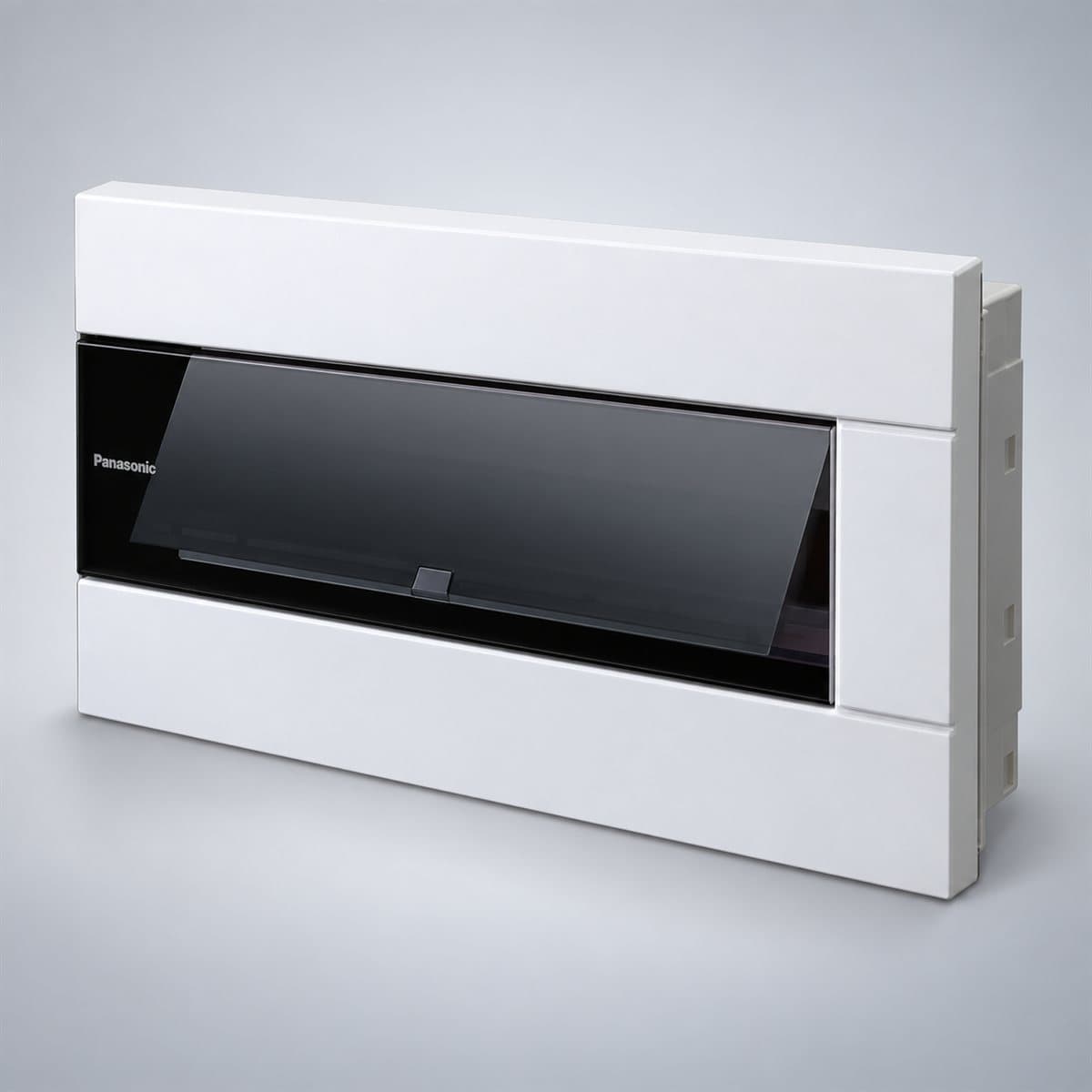 Tủ điện âm tường Level Art Panasonic chụp góc nghiêng 3/4, thấy rõ mặt và cạnh bên