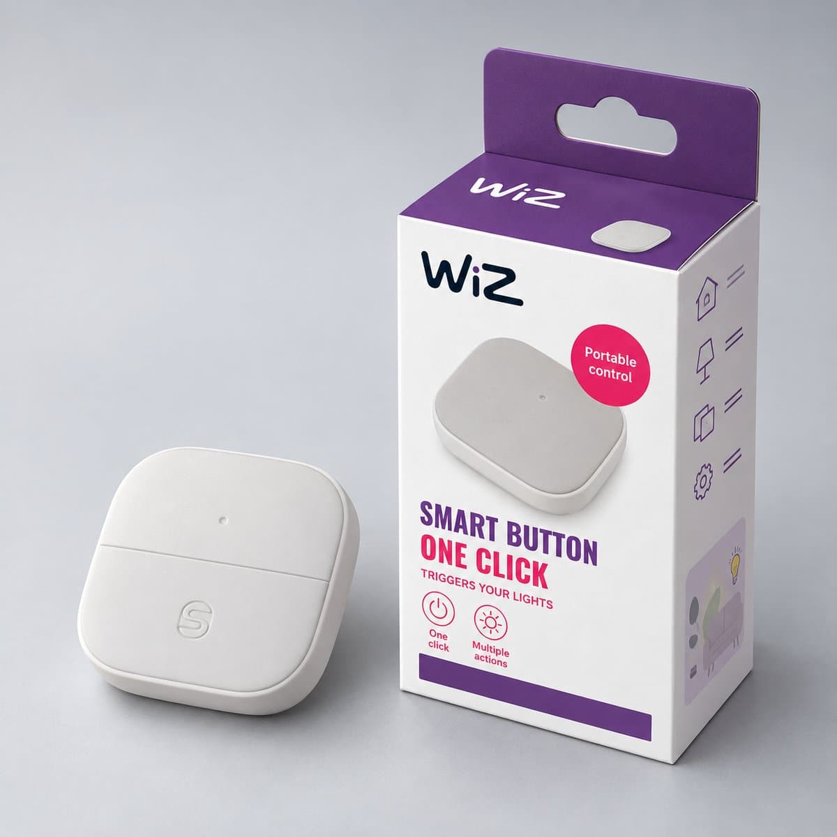 Nút bấm thông minh WiZ Portable Button chụp góc nghiêng 3/4, thấy rõ mặt và cạnh bên