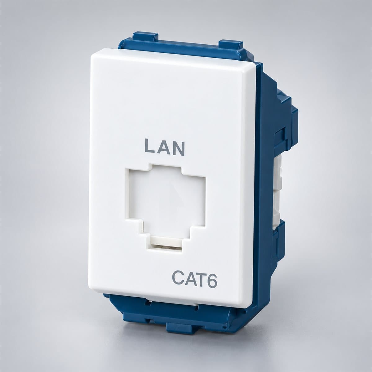 Ổ cắm data CAT5E/ Ổ cắm data CAT6 Full Color Wide Panasonic chụp góc nghiêng 3/4, thấy rõ mặt và cạnh bên
