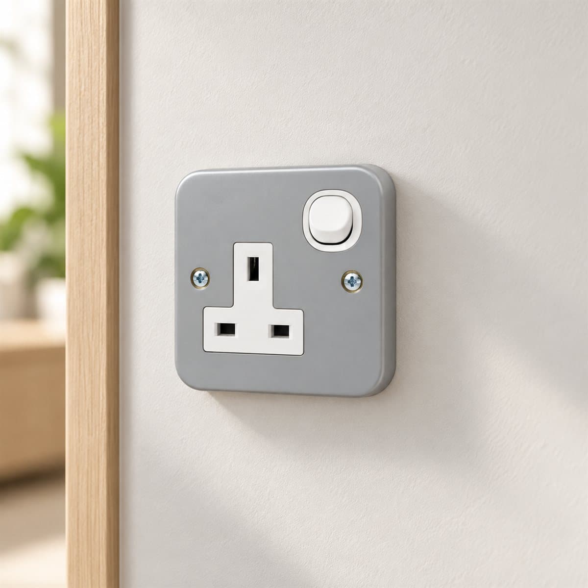 Ổ cắm 1G có công tắc, vỏ kim loại E3O Schneider đã lắp đặt trong nhà