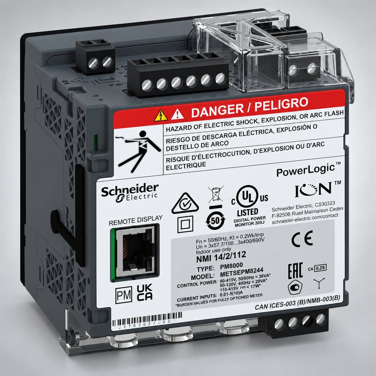 Đồng hồ chất lượng điện PM8244 lắp ray, màn hình rời Schneider chụp góc nghiêng 3/4, thấy rõ mặt và cạnh bên