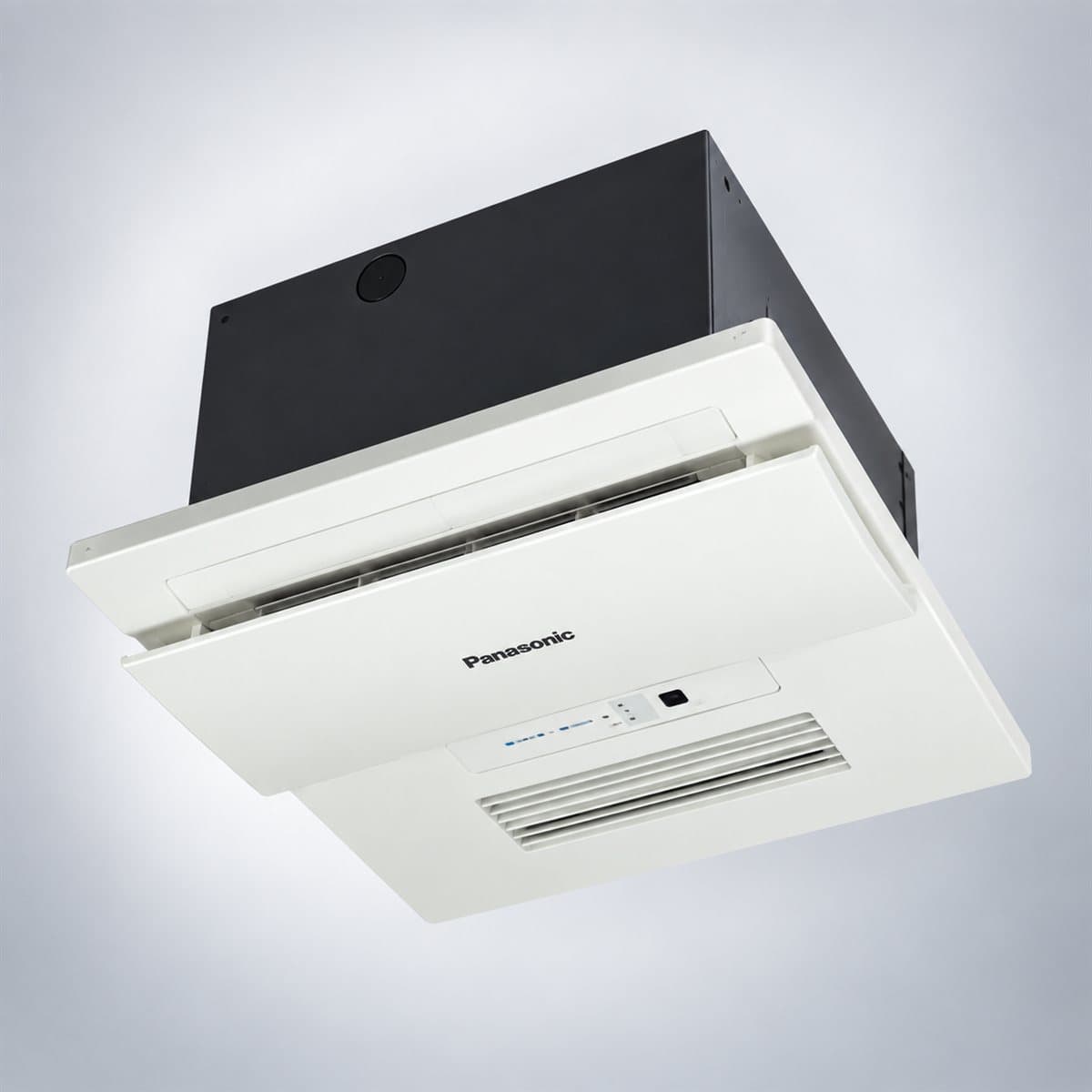Quạt hút sưởi thông gió, sưởi ấm, sấy khô, gió mát, remote Panasonic chụp góc nghiêng 3/4, thấy rõ mặt và cạnh bên