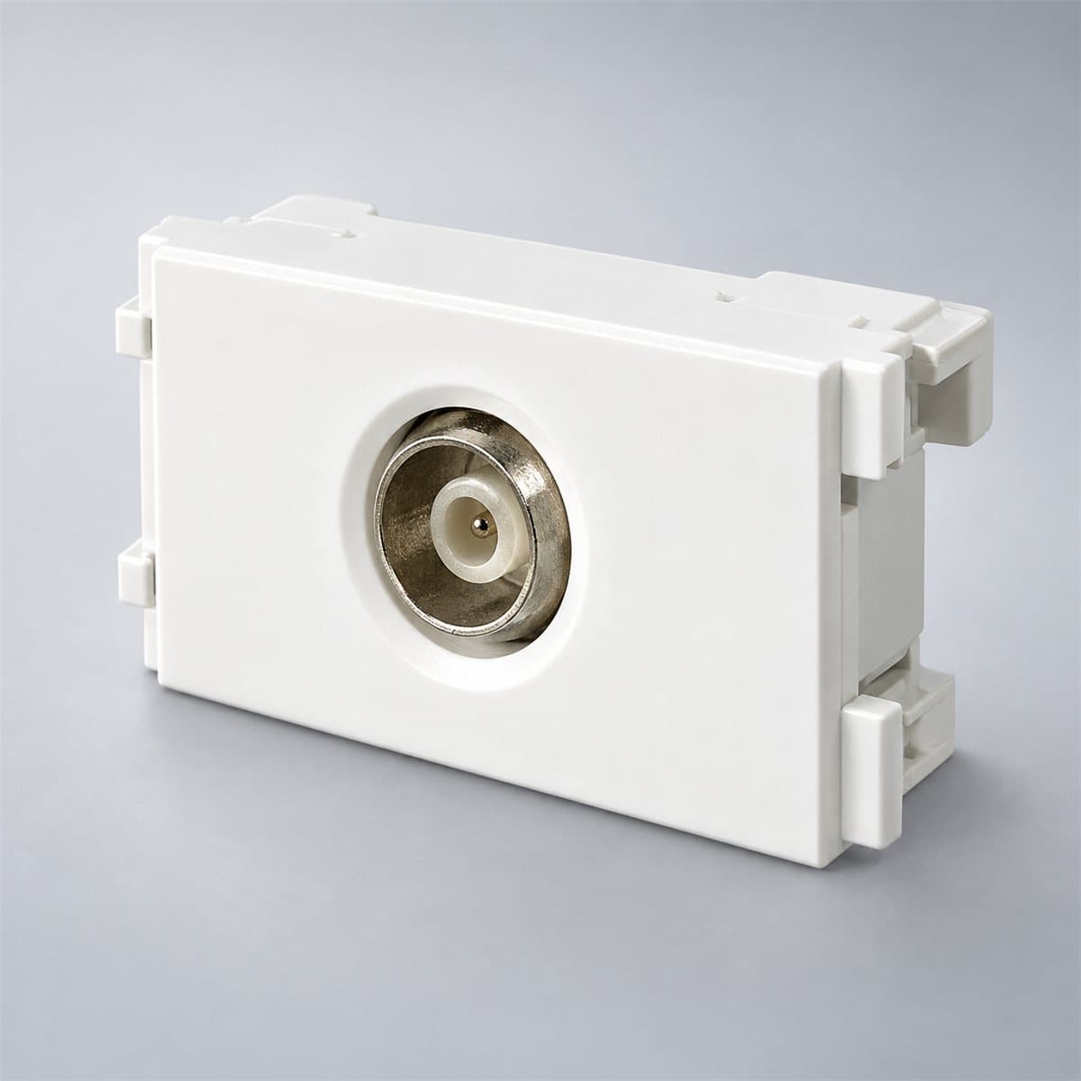 Ổ cắm TV S-Flexi size S Schneider chụp góc nghiêng 3/4, thấy rõ mặt và cạnh bên