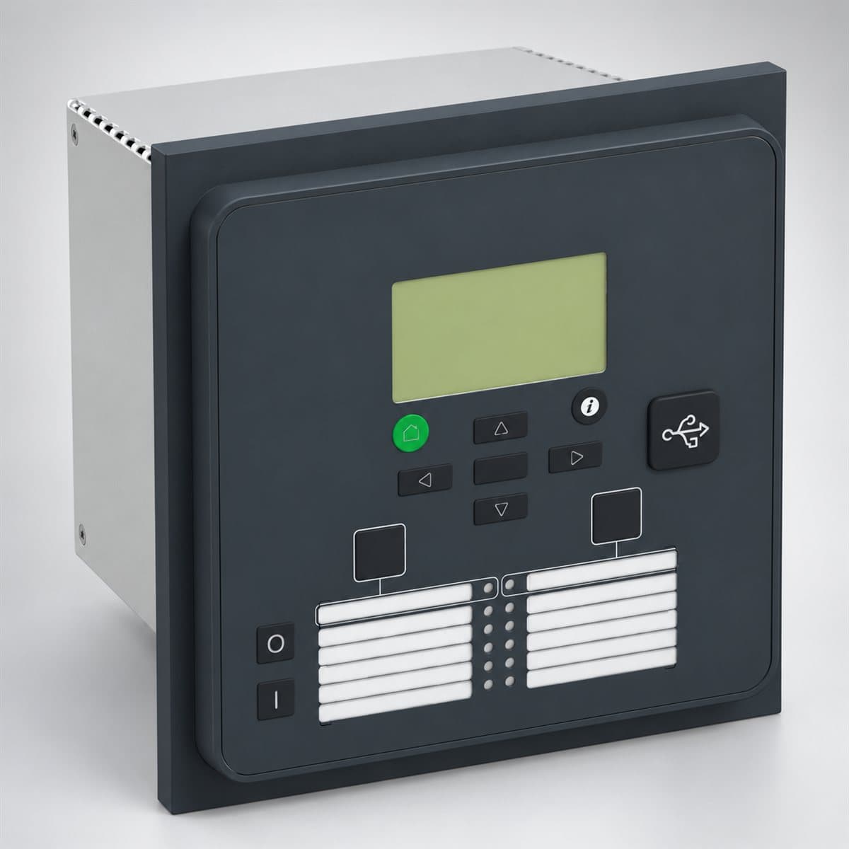 Rơ le bảo vệ PowerLogic Easergy P3 tiêu chuẩn Schneider chụp góc nghiêng 3/4, thấy rõ mặt và cạnh bên
