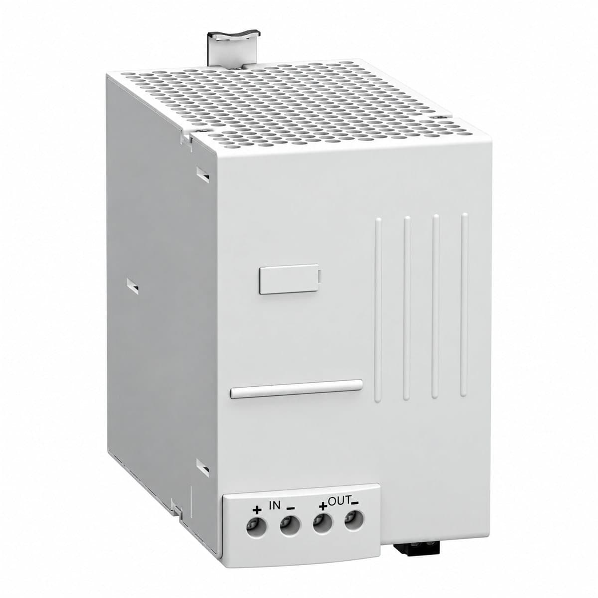 Mô-đun đệm Buffer cho nguồn ABL8 Schneider trên nền trắng, ảnh sản phẩm chính diện