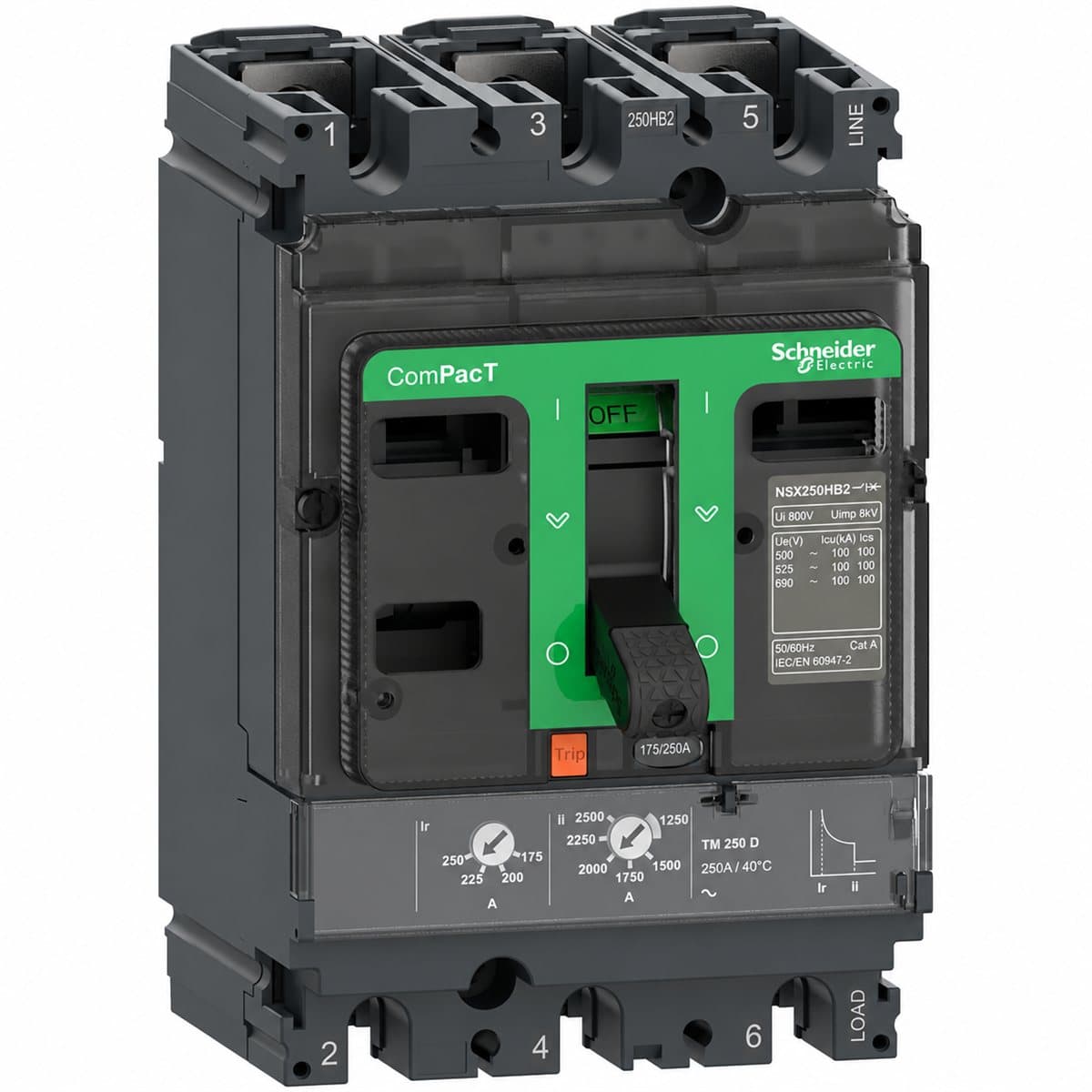 MCCB ComPacT NSX250 B/F cố định Schneider trên nền trắng, ảnh sản phẩm chính diện