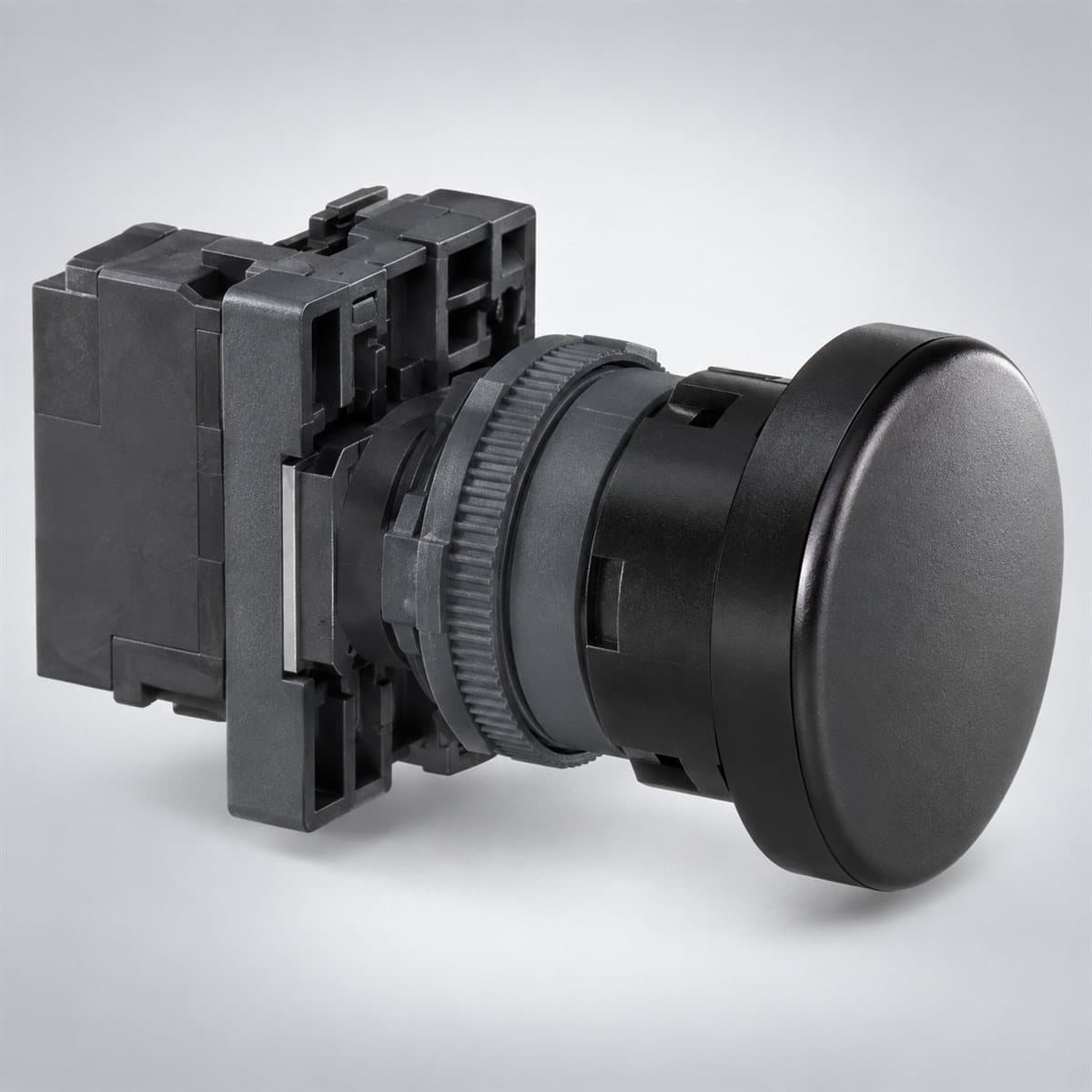 Nút nhấn đầu nấm Harmony XA2 Ø22 Schneider chụp góc nghiêng 3/4, thấy rõ mặt và cạnh bên