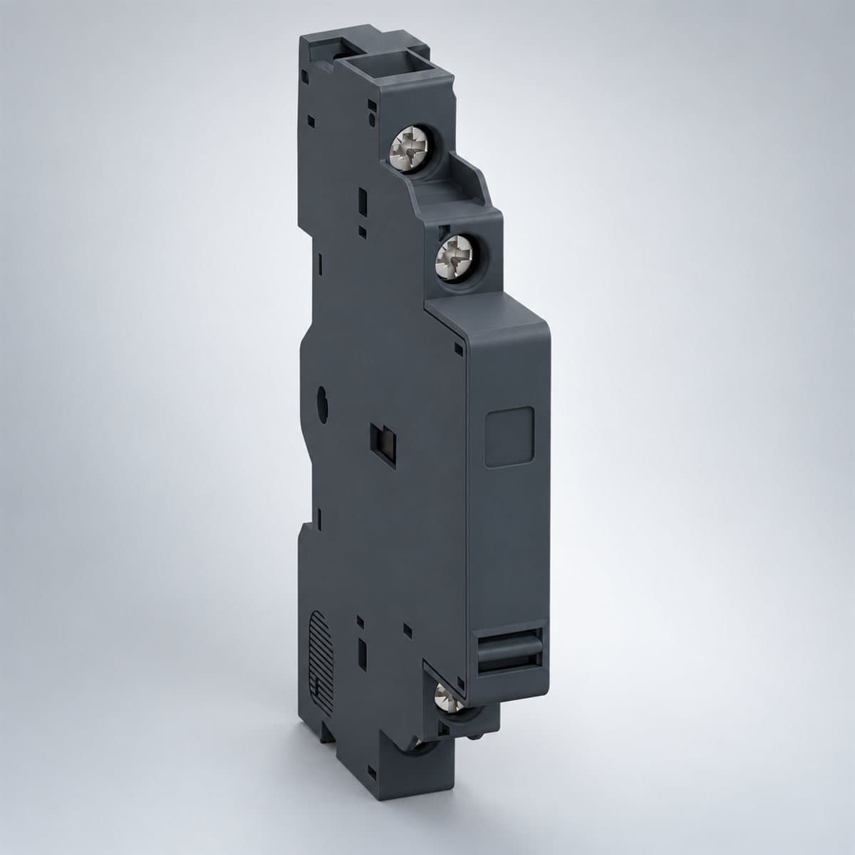 Tiếp điểm phụ tức thời lắp bên trái TeSys GV2 Schneider chụp góc nghiêng 3/4, thấy rõ mặt và cạnh bên