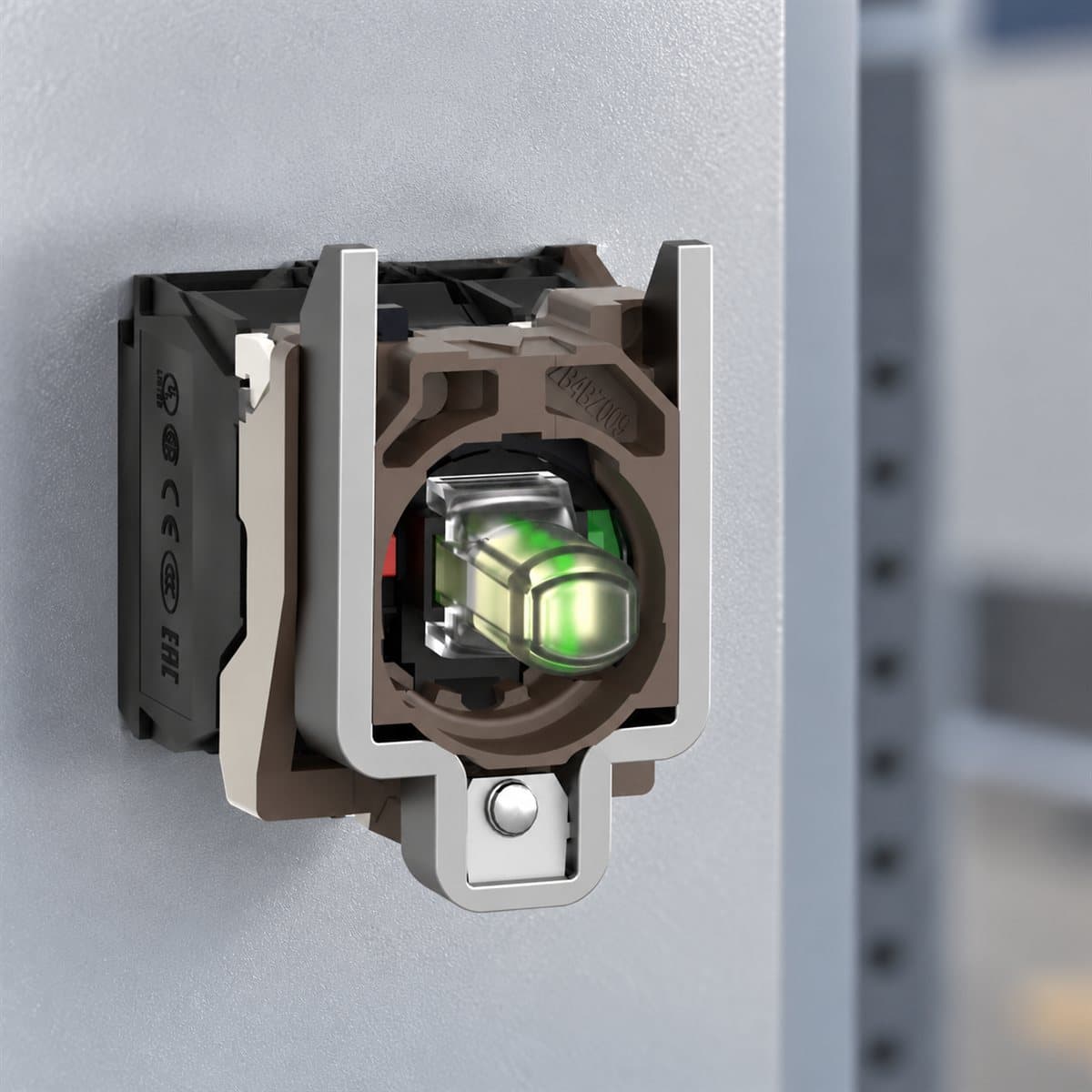 Thân nút nhấn có đèn Harmony XB4 Ø22 Schneider đã lắp đặt trong nhà