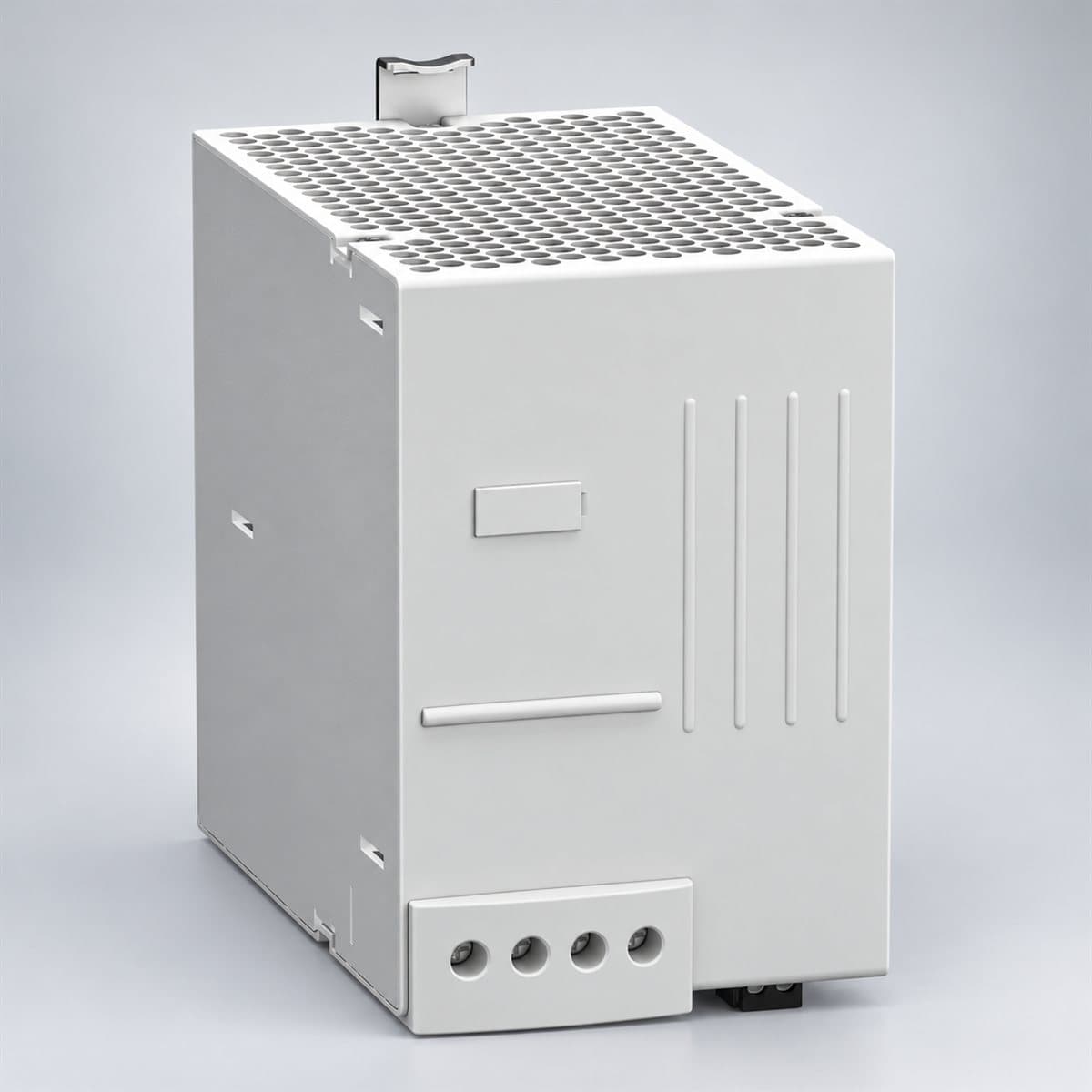 Mô-đun đệm Buffer cho nguồn ABL8 Schneider chụp góc nghiêng 3/4, thấy rõ mặt và cạnh bên