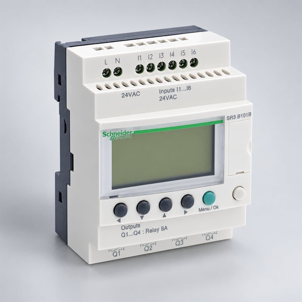 Rơ le thông minh Zelio Logic Modular, có màn hình Schneider chụp góc nghiêng 3/4, thấy rõ mặt và cạnh bên