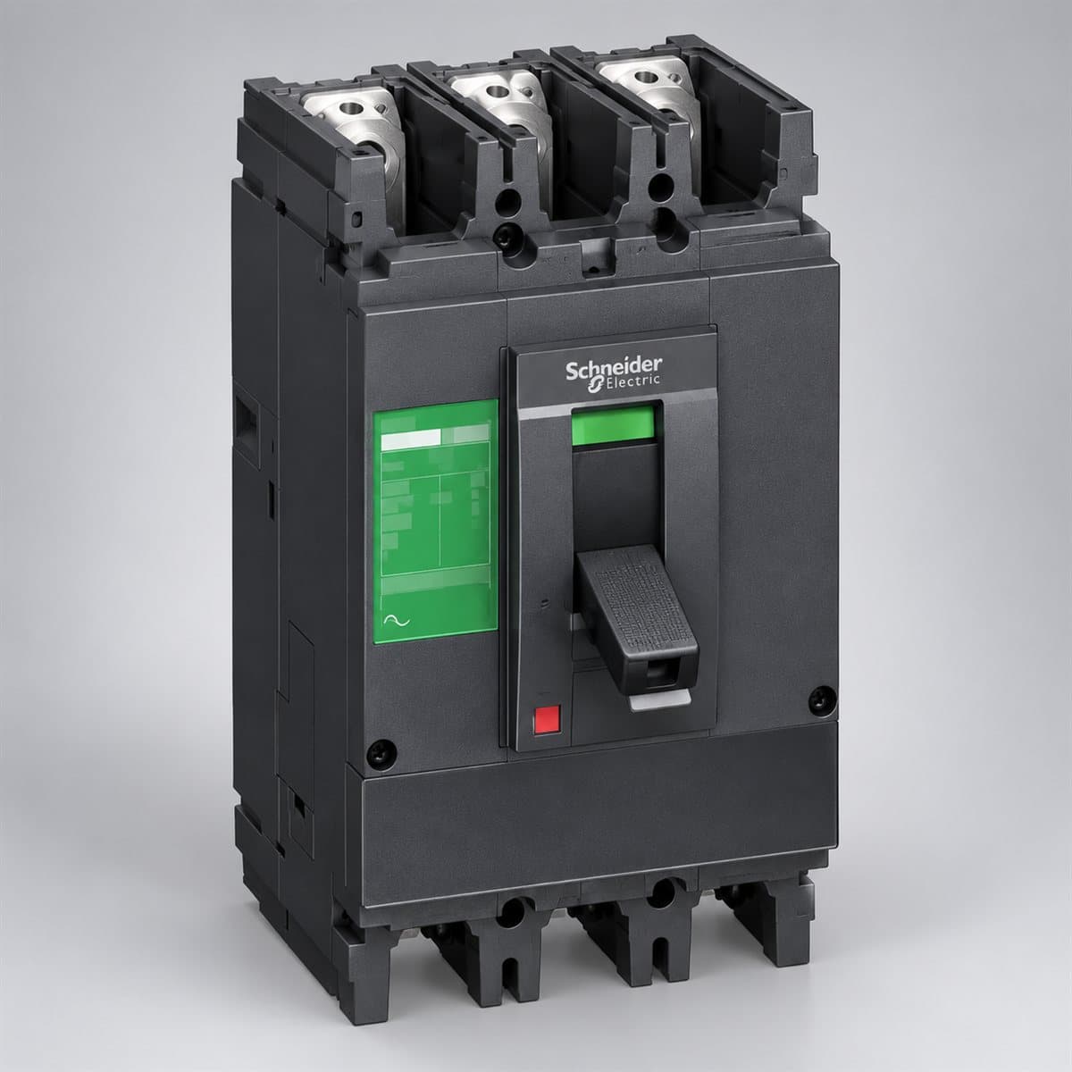 MCCB EasyPact EZC400/630 Schneider chụp góc nghiêng 3/4, thấy rõ mặt và cạnh bên