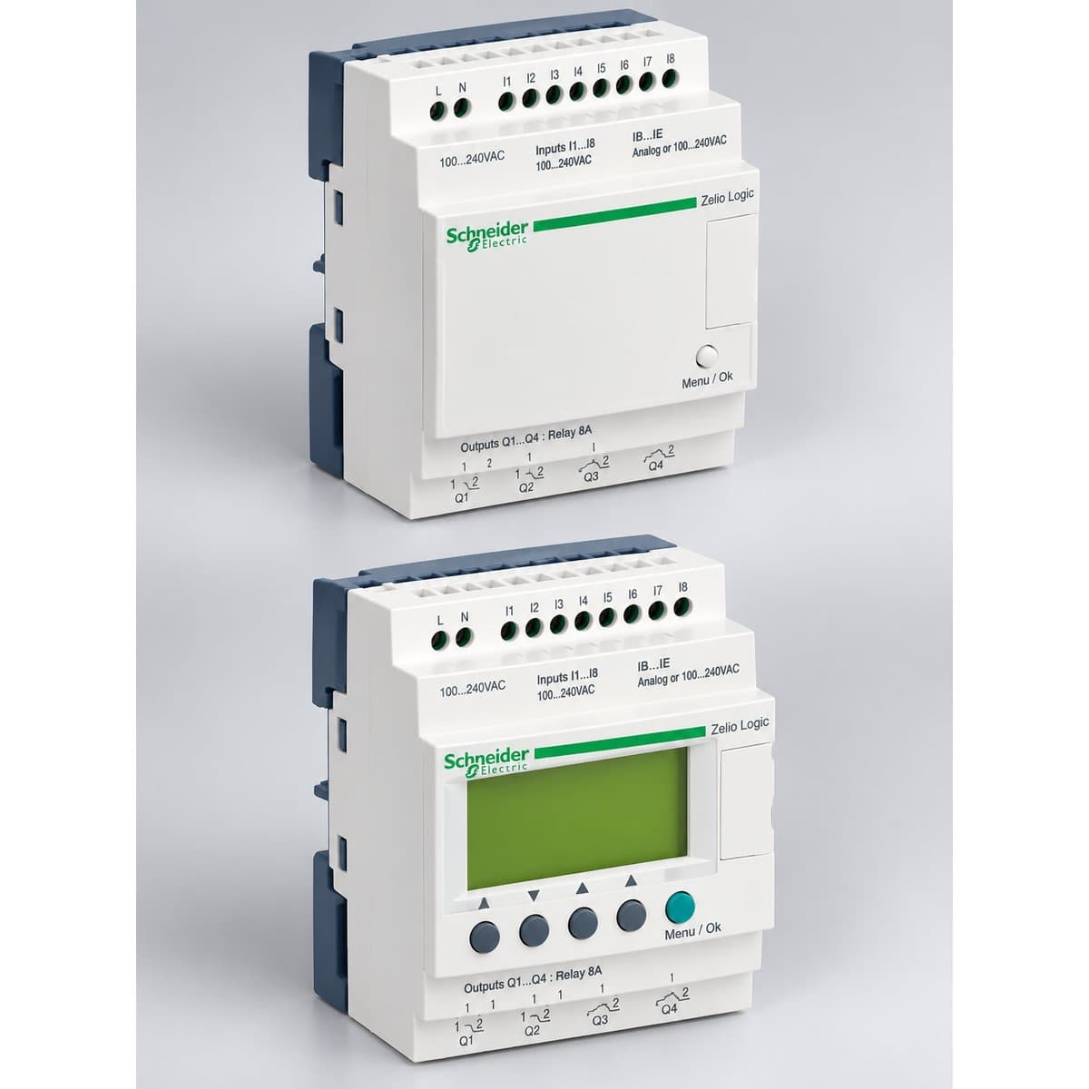 Rơ le thông minh có thể lập trình Zelio Logic Schneider chụp góc nghiêng 3/4, thấy rõ mặt và cạnh bên