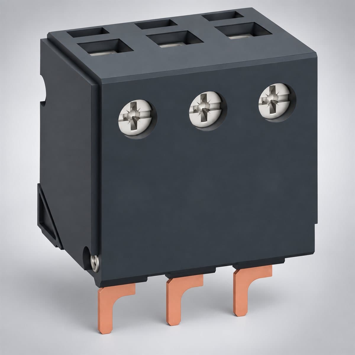 Phụ kiện TeSys GV2 GV1L3 Schneider chụp góc nghiêng 3/4, thấy rõ mặt và cạnh bên