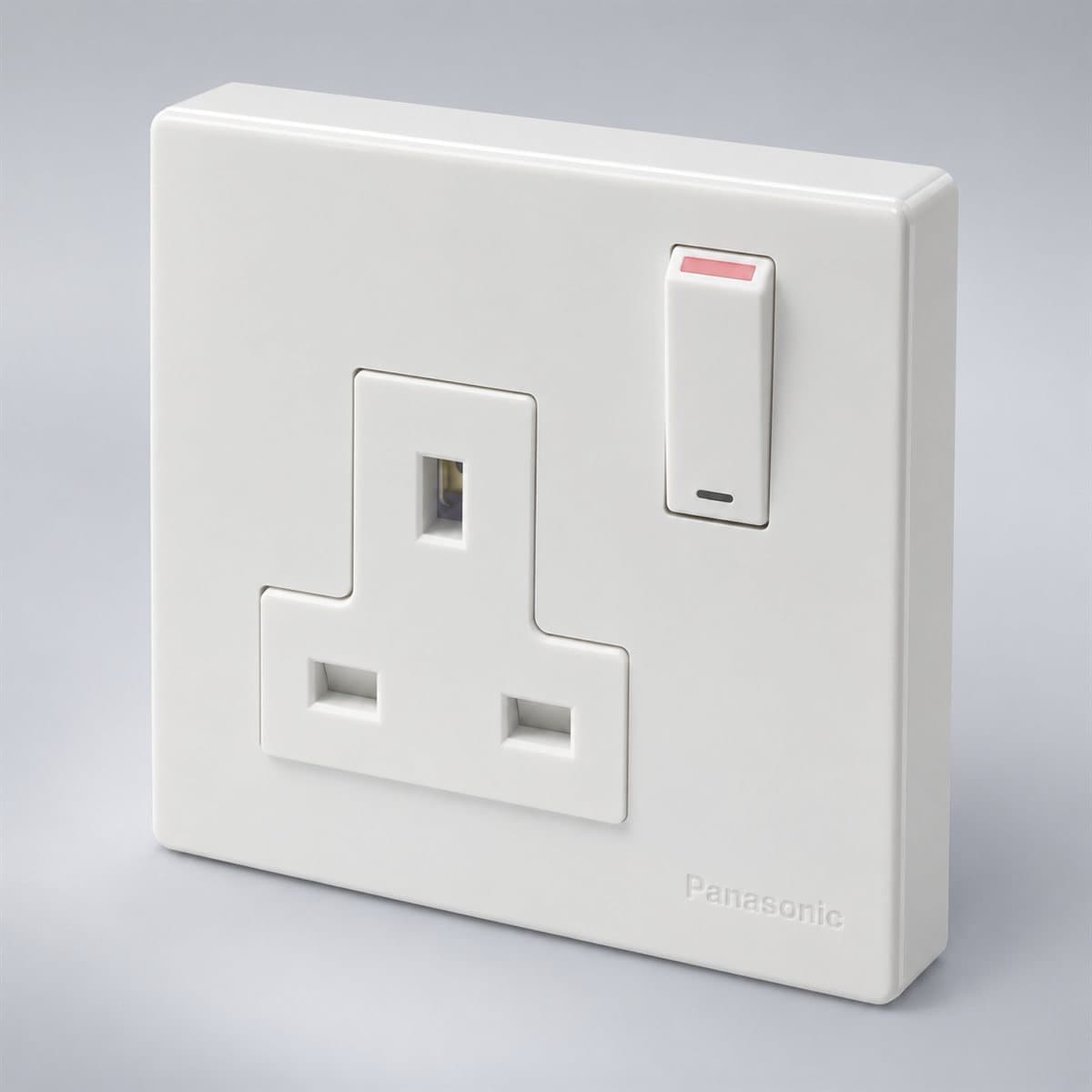 Bộ ổ cắm tiêu chuẩn BS Wide Panasonic chụp góc nghiêng 3/4, thấy rõ mặt và cạnh bên