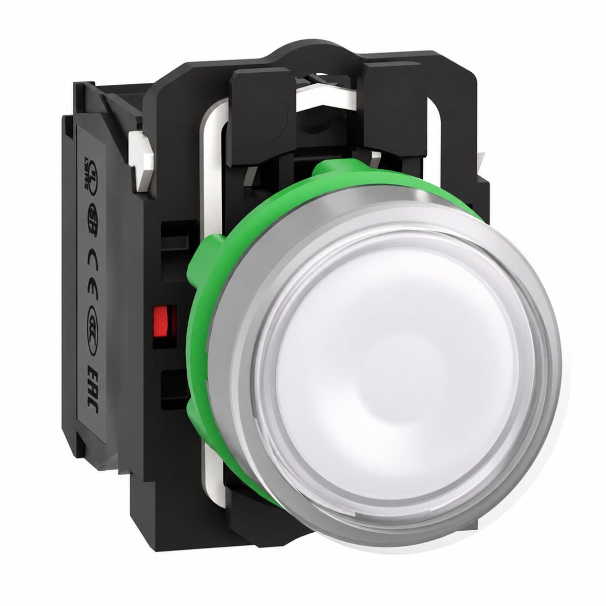 Nút nhấn đèn LED trọn bộ Harmony XB5 Schneider trên nền trắng, ảnh sản phẩm chính diện