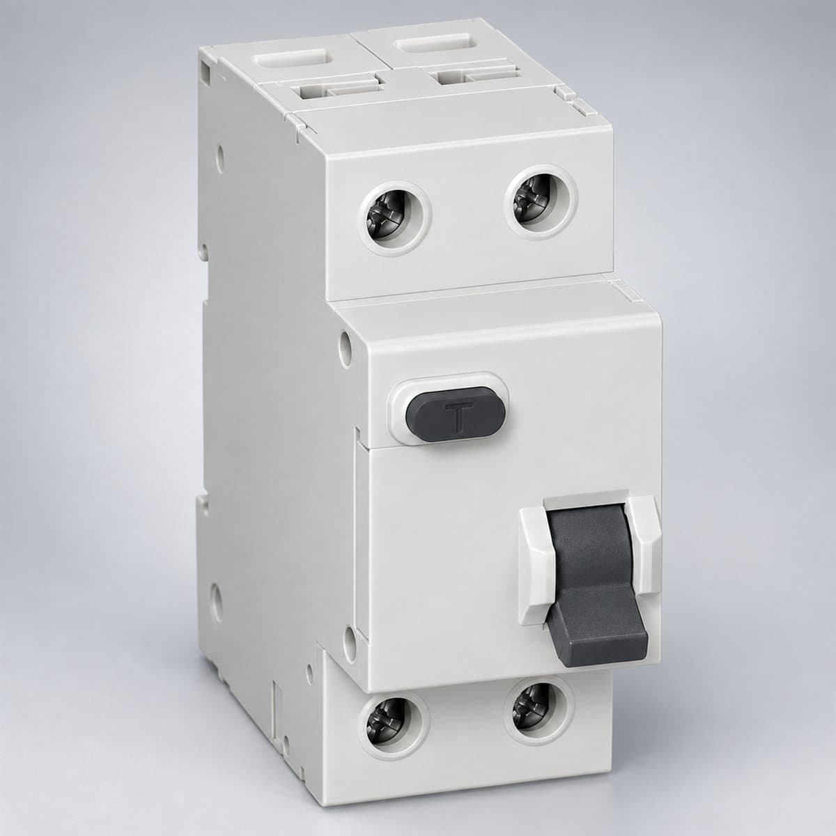 RCBO Easy9 Schneider chụp góc nghiêng 3/4, thấy rõ mặt và cạnh bên