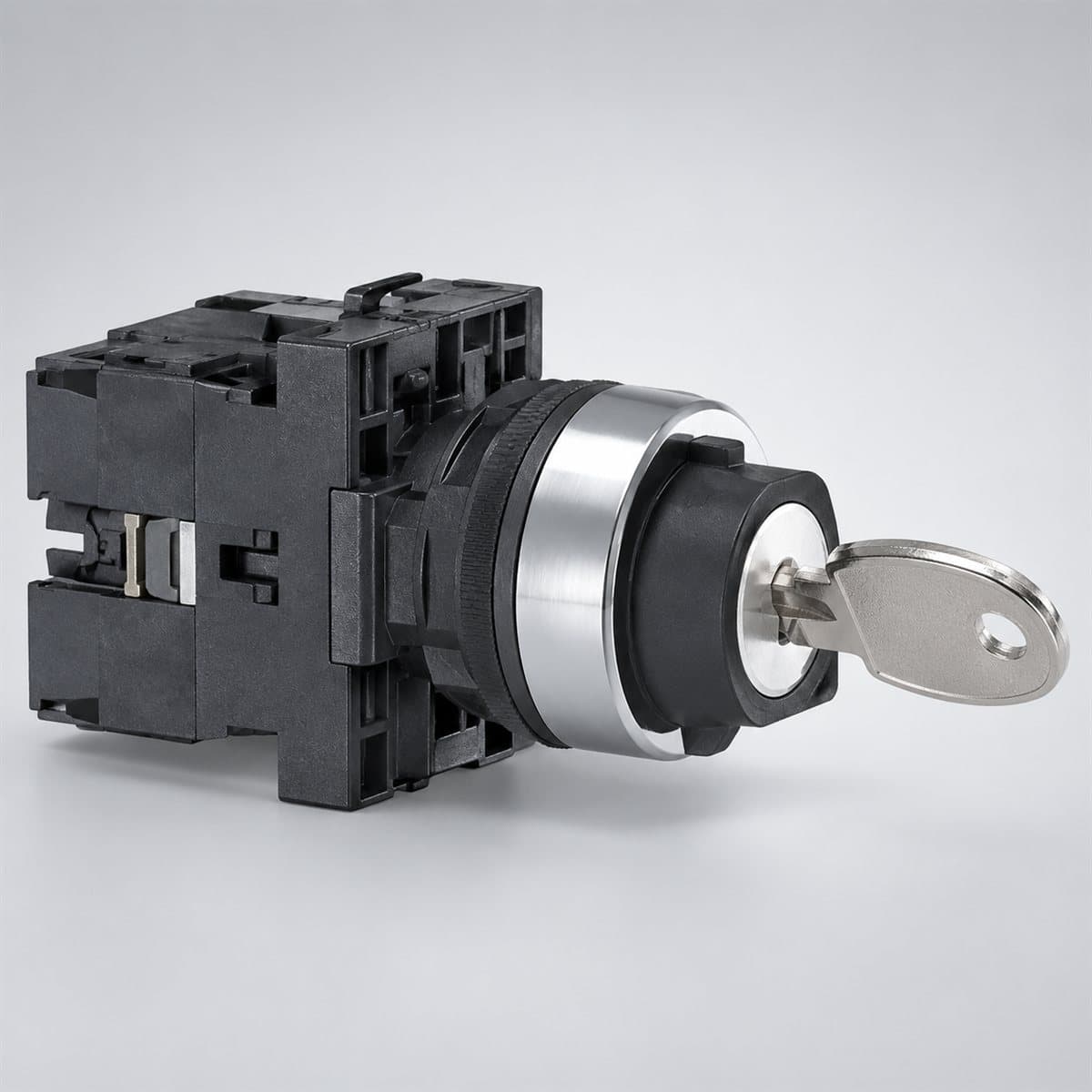 Công tắc xoay có khoá Harmony XA2 Ø22 Schneider chụp góc nghiêng 3/4, thấy rõ mặt và cạnh bên