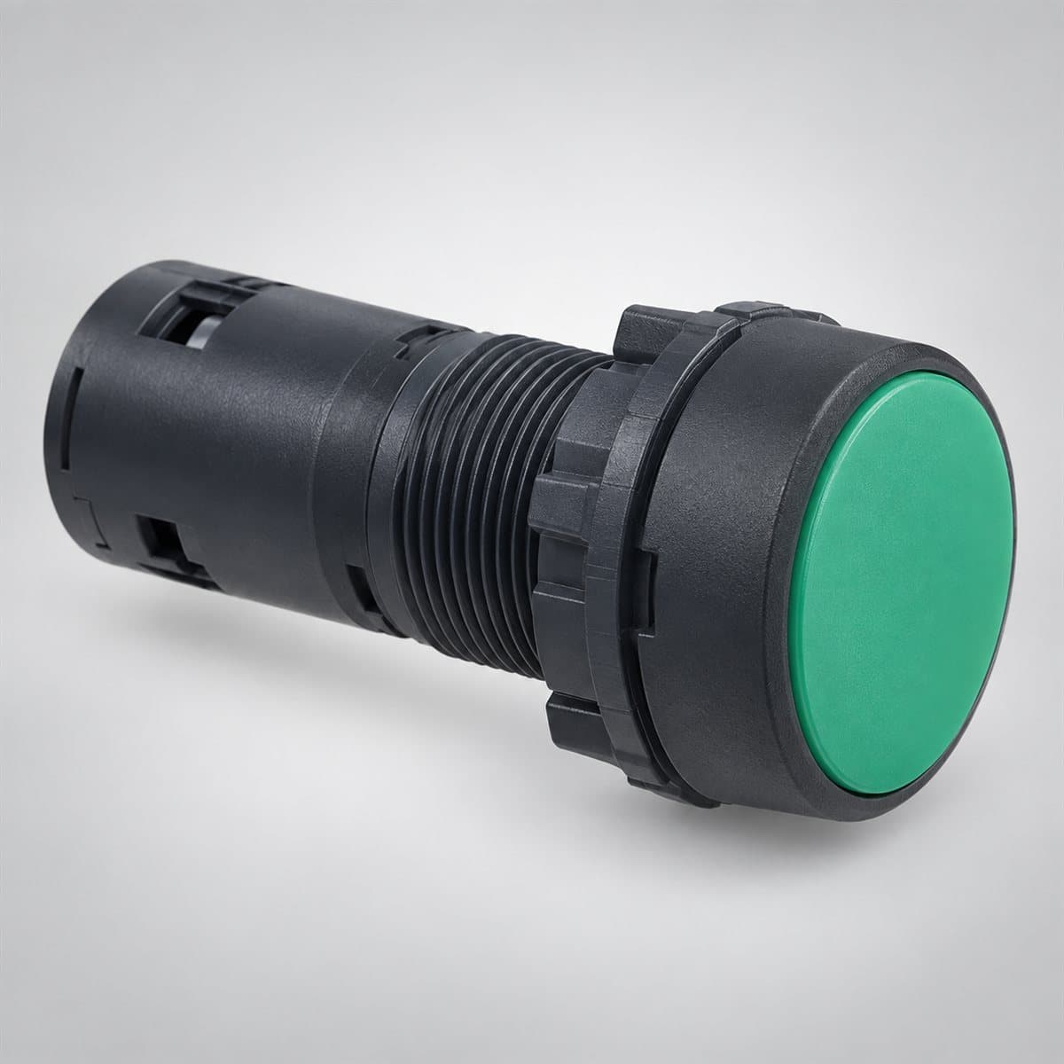 Nút nhấn phẳng Harmony XB7 Ø22 Schneider chụp góc nghiêng 3/4, thấy rõ mặt và cạnh bên