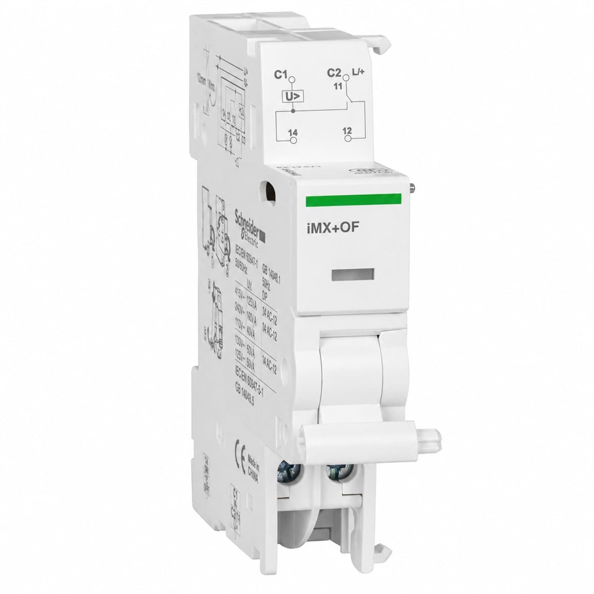 Cuộn shunt iMX+iOF cho Acti9 iC60 Schneider trên nền trắng, ảnh sản phẩm chính diện