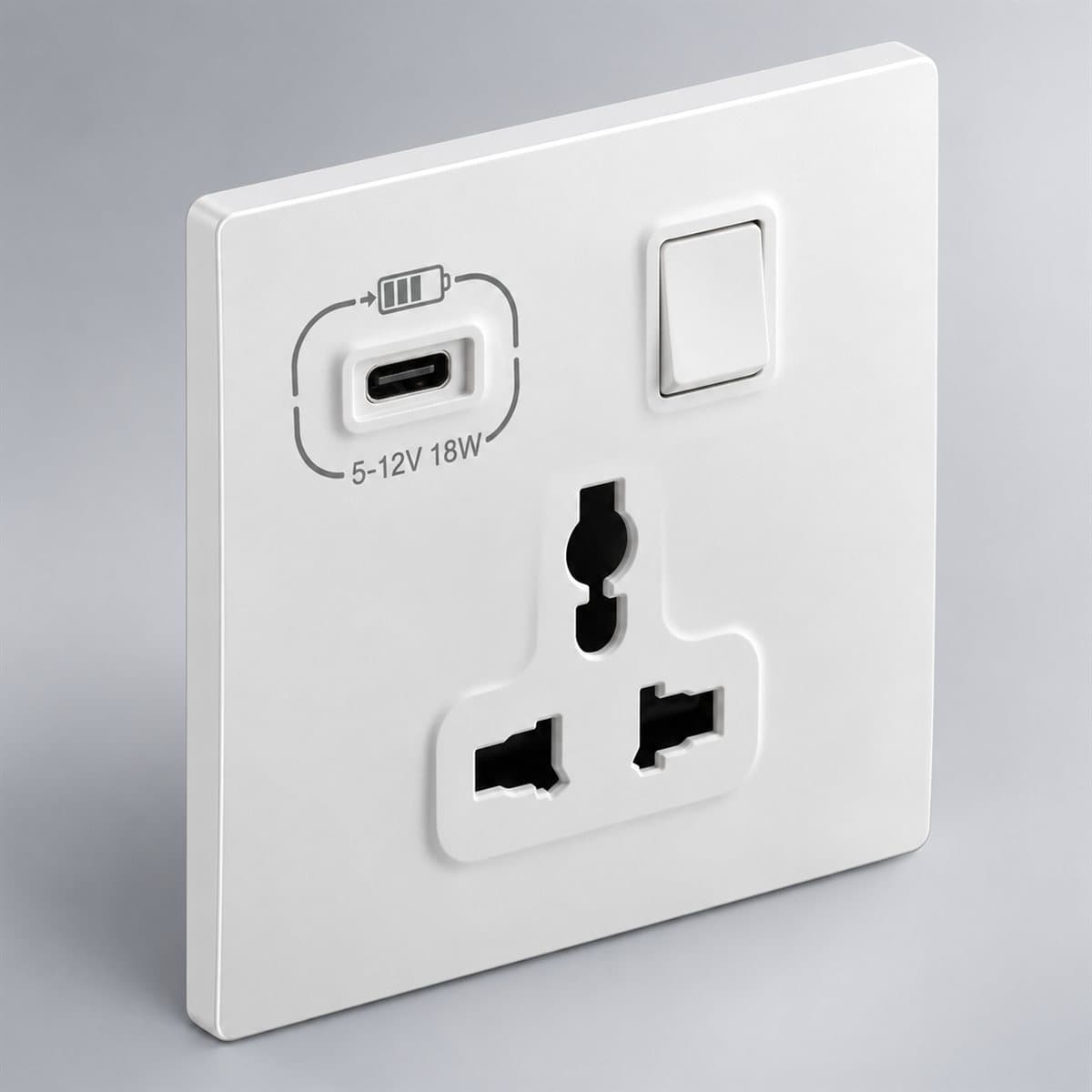 Ổ cắm đa năng có công tắc và ổ sạc USB Type C Mallia Senses Legrand chụp góc nghiêng 3/4, thấy rõ mặt và cạnh bên