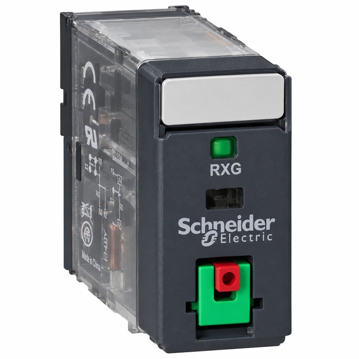 Rơ le trung gian RXG Schneider trên nền trắng, ảnh sản phẩm chính diện