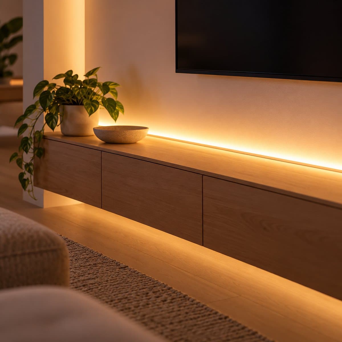Dây LED thông minh Hue Lightstrip Plus V4 Philips đã lắp đặt, đang chiếu sáng