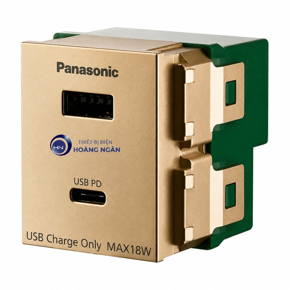 Ổ cắm sạc USB 2 cổng chuẩn A - C, cắm nhanh Halumie Panasonic trên nền trắng, ảnh sản phẩm chính diện