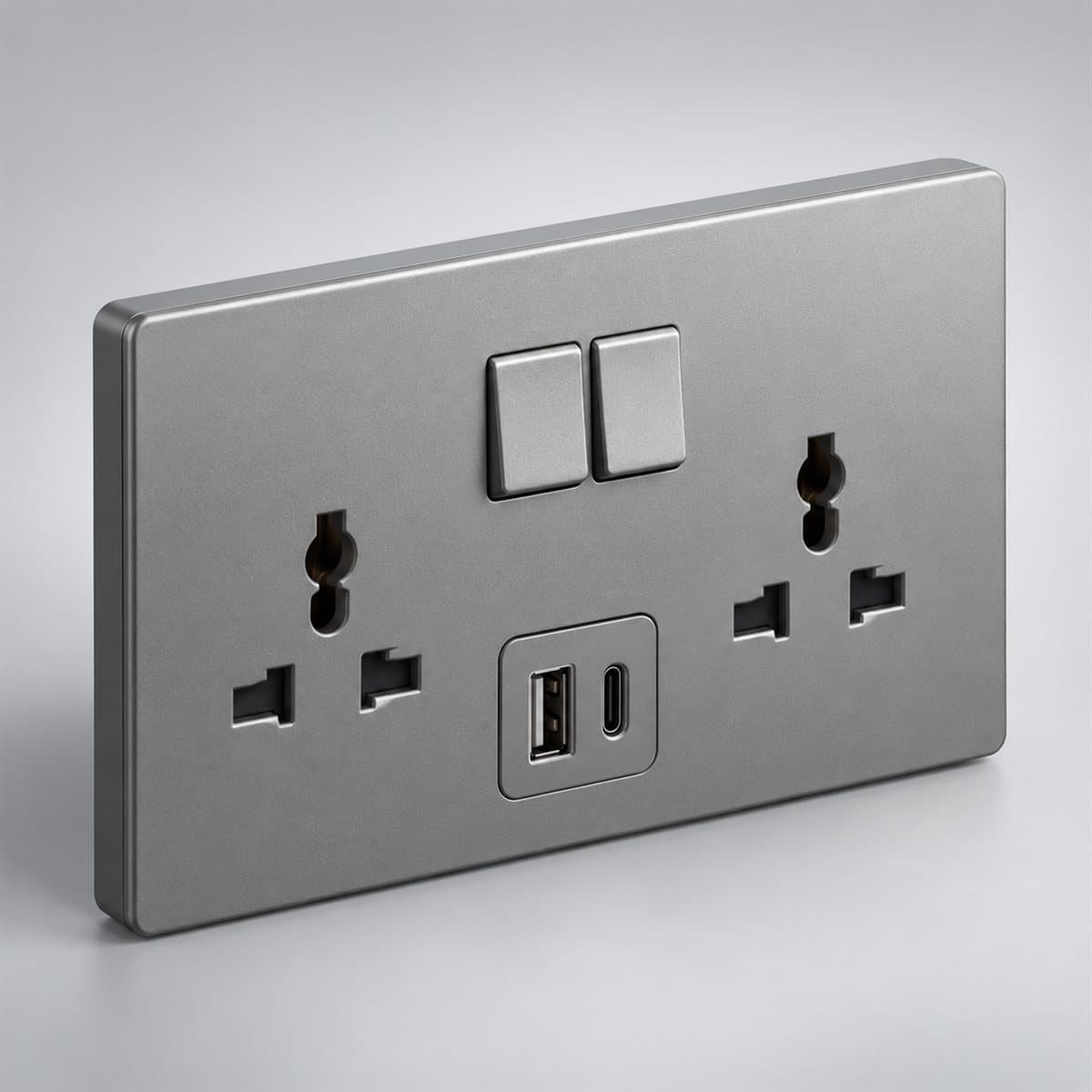 Ổ cắm đôi đa năng có công tắc Mallia Senses USB Type A+C Legrand chụp góc nghiêng 3/4, thấy rõ mặt và cạnh bên