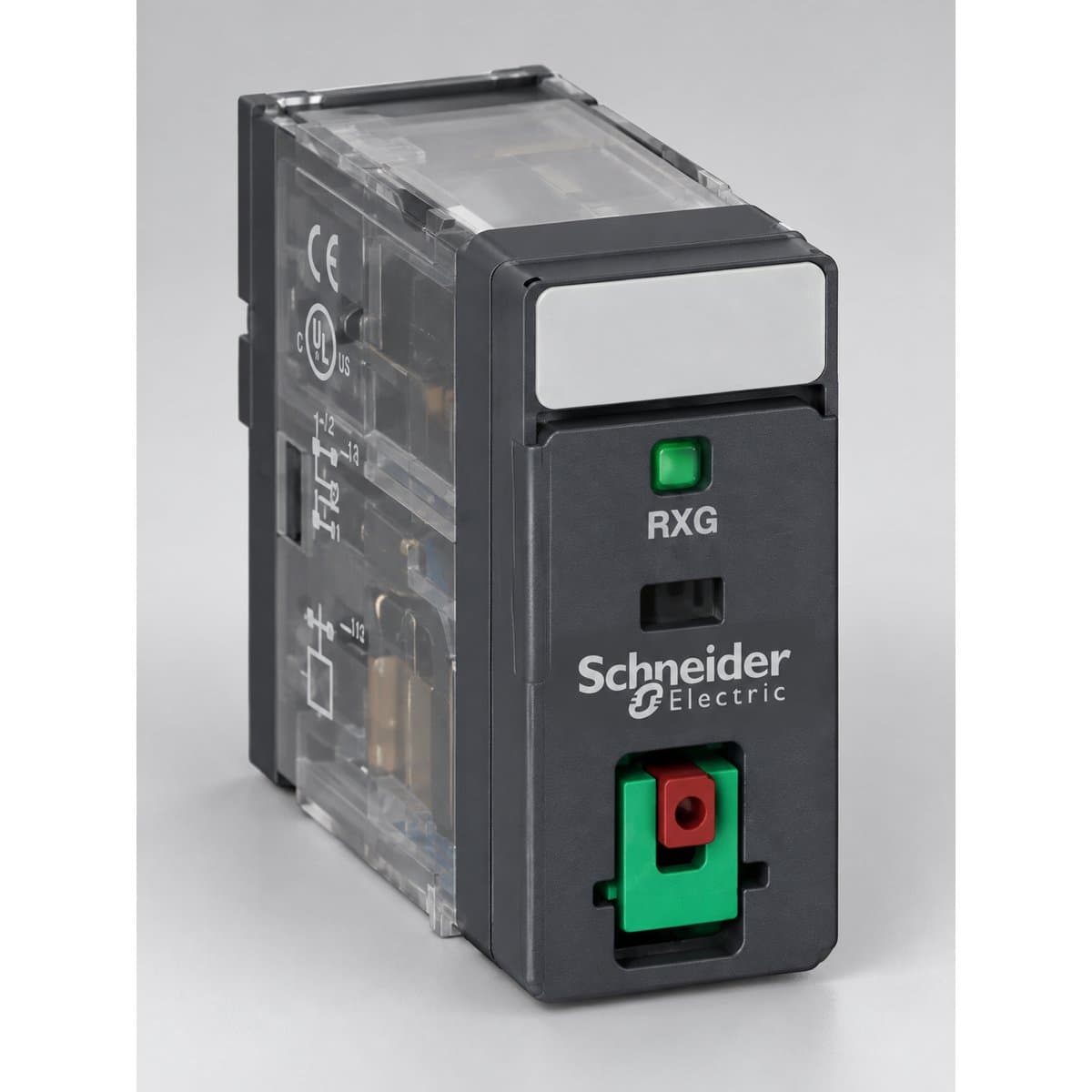 Rơ le trung gian RXG Schneider chụp góc nghiêng 3/4, thấy rõ mặt và cạnh bên