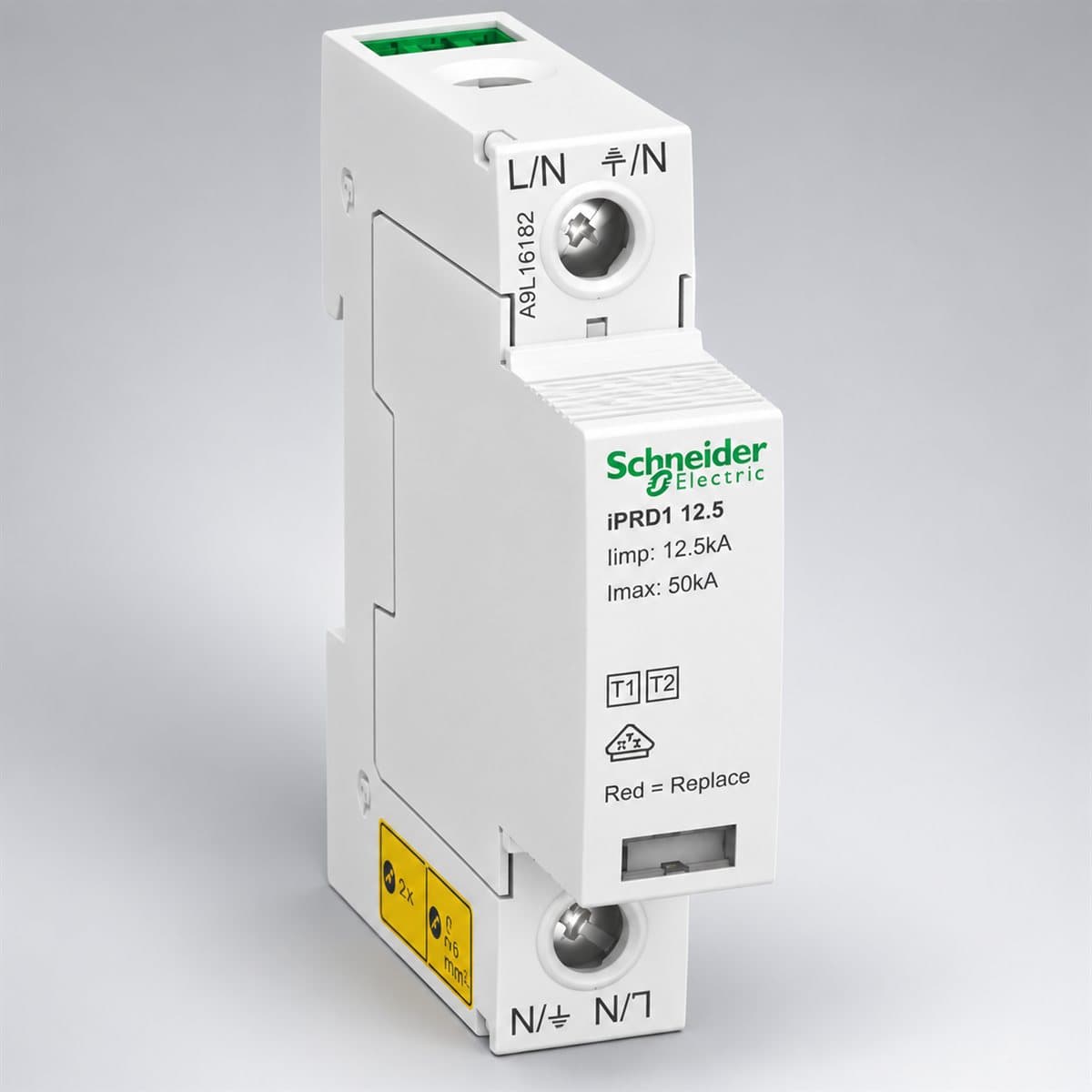 Chống sét lan truyền Acti9 iPRD1 Type 1+2 Schneider chụp góc nghiêng 3/4, thấy rõ mặt và cạnh bên