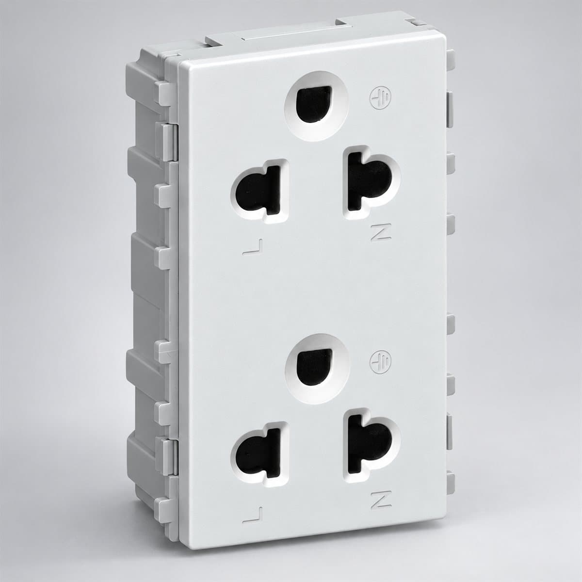 Ổ cắm đôi 3 chấu ZENcelo A Schneider chụp góc nghiêng 3/4, thấy rõ mặt và cạnh bên